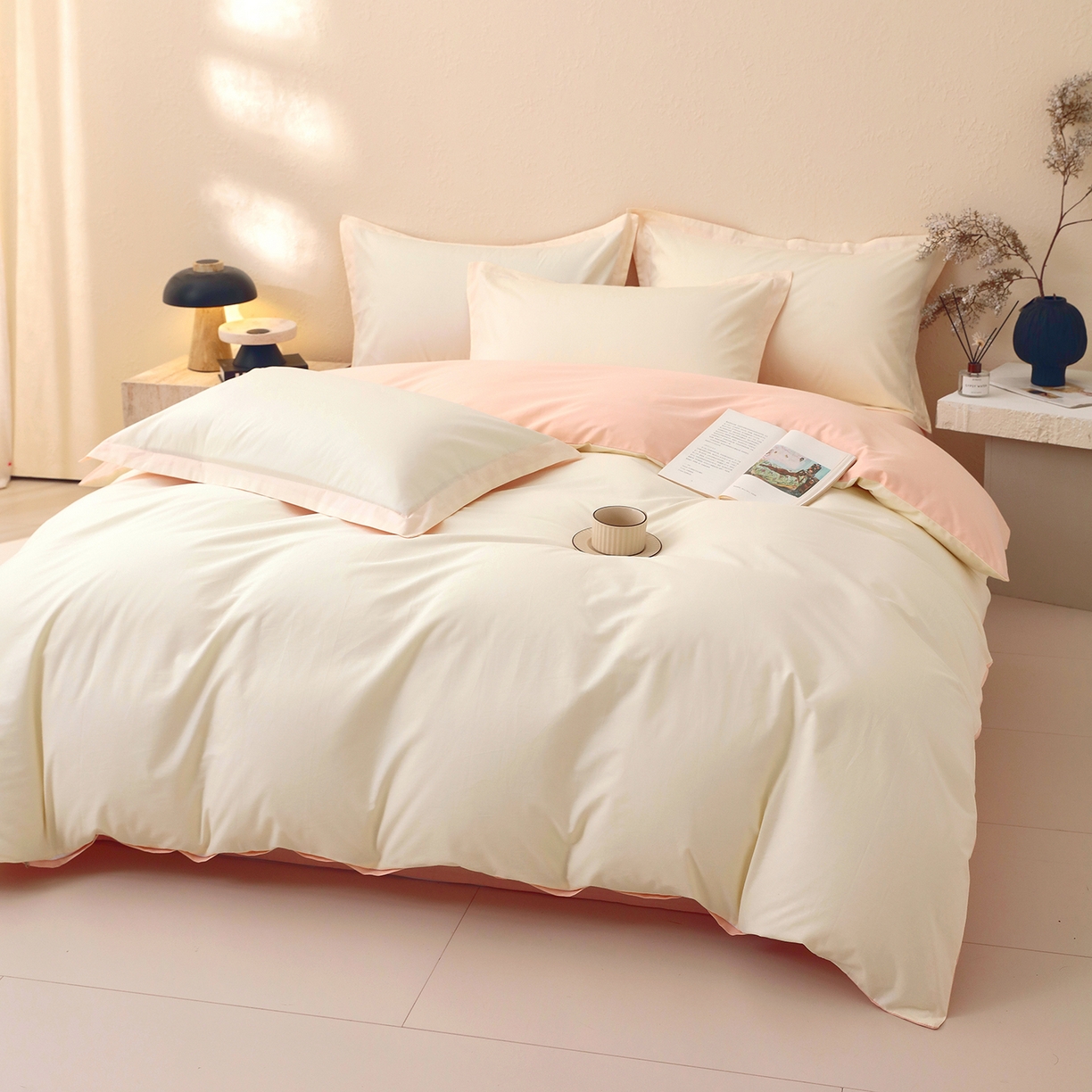 91家纺网 家纺一手货源 找家纺 小懒猪 2026新款13372A类双拼纯色全棉纯棉四件套 奶昔白-白桃粉