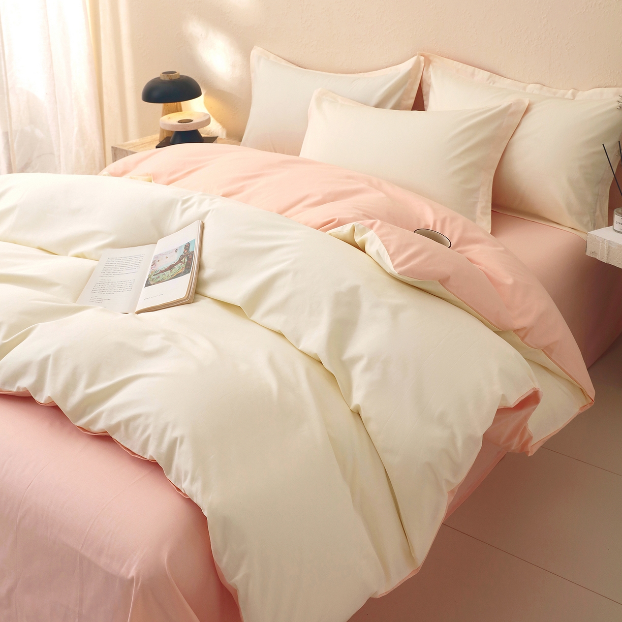 91家纺网 家纺一手货源 找家纺 小懒猪 2026新款13372A类双拼纯色全棉纯棉四件套 奶昔白-白桃粉