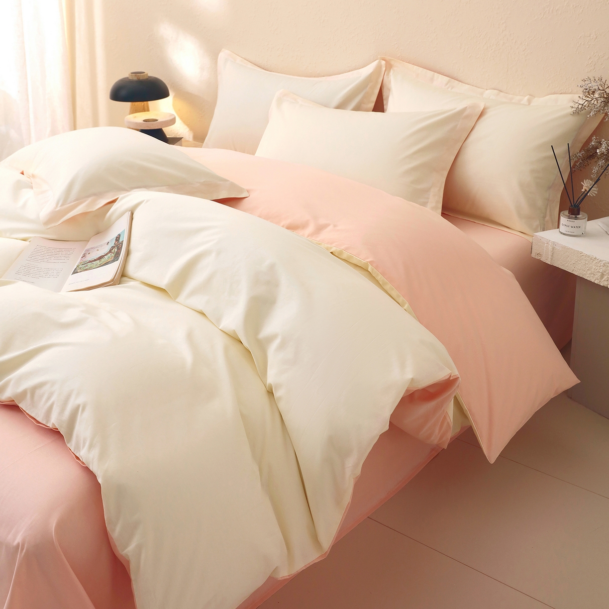 91家纺网 家纺一手货源 找家纺 小懒猪 2026新款13372A类双拼纯色全棉纯棉四件套 奶昔白-白桃粉