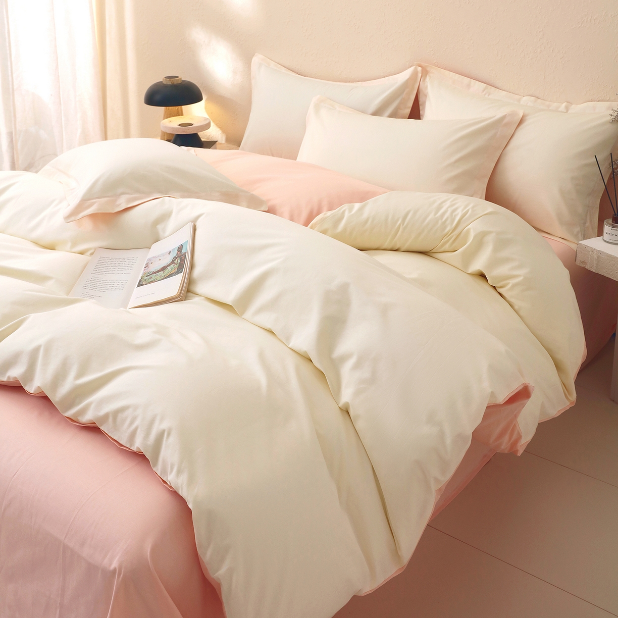 91家纺网 家纺一手货源 找家纺 小懒猪 2026新款13372A类双拼纯色全棉纯棉四件套 奶昔白-白桃粉