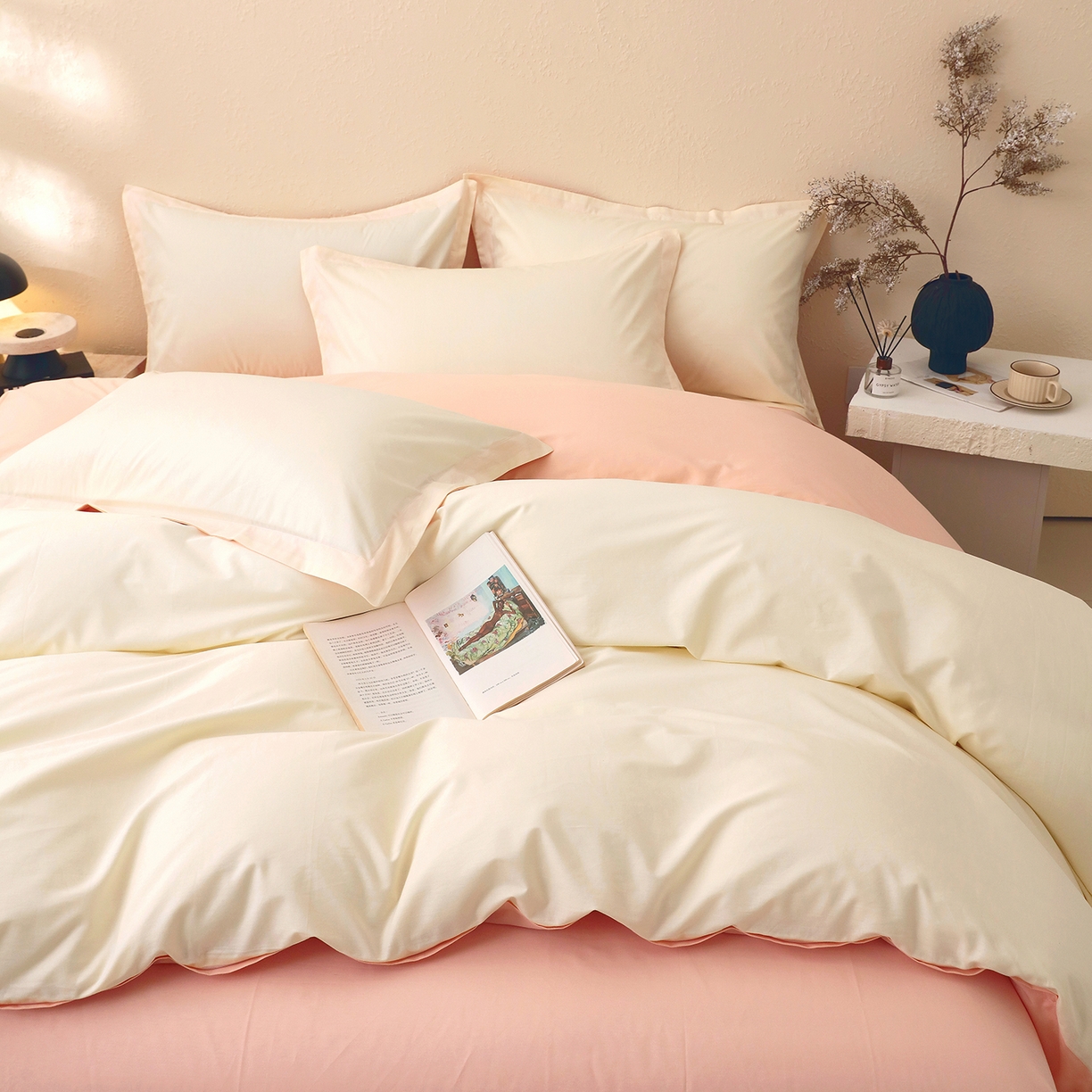 91家纺网 家纺一手货源 找家纺 小懒猪 2026新款13372A类双拼纯色全棉纯棉四件套 奶昔白-白桃粉