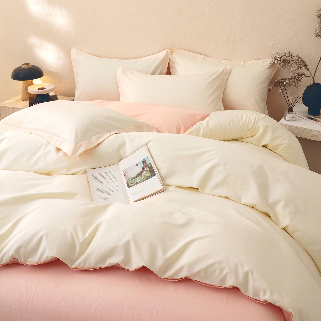 91家纺网 家纺一手货源 找家纺 小懒猪 2026新款13372A类双拼纯色全棉纯棉四件套 奶昔白-白桃粉