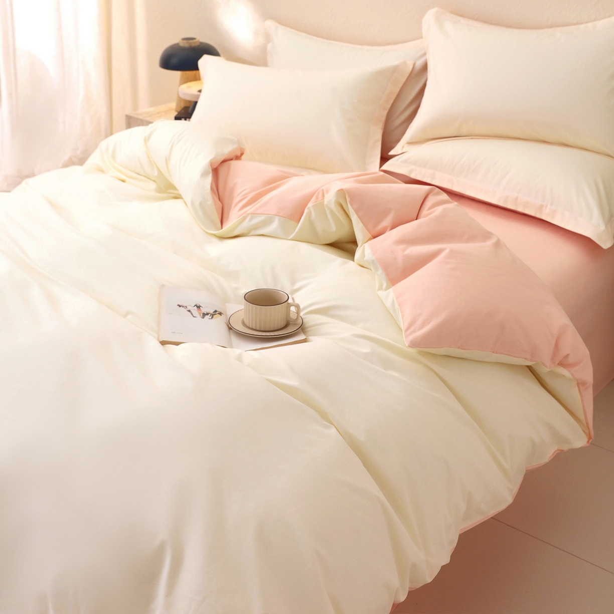 91家纺网 家纺一手货源 找家纺 小懒猪 2026新款13372A类双拼纯色全棉纯棉四件套 奶昔白-白桃粉