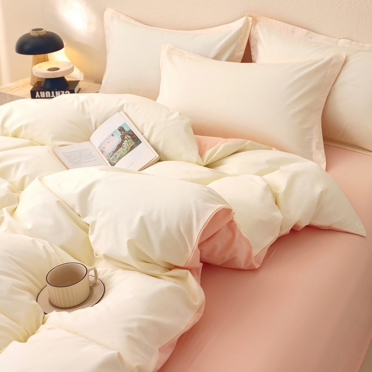 91家纺网 家纺一手货源 找家纺 小懒猪 2026新款13372A类双拼纯色全棉纯棉四件套 奶昔白-白桃粉