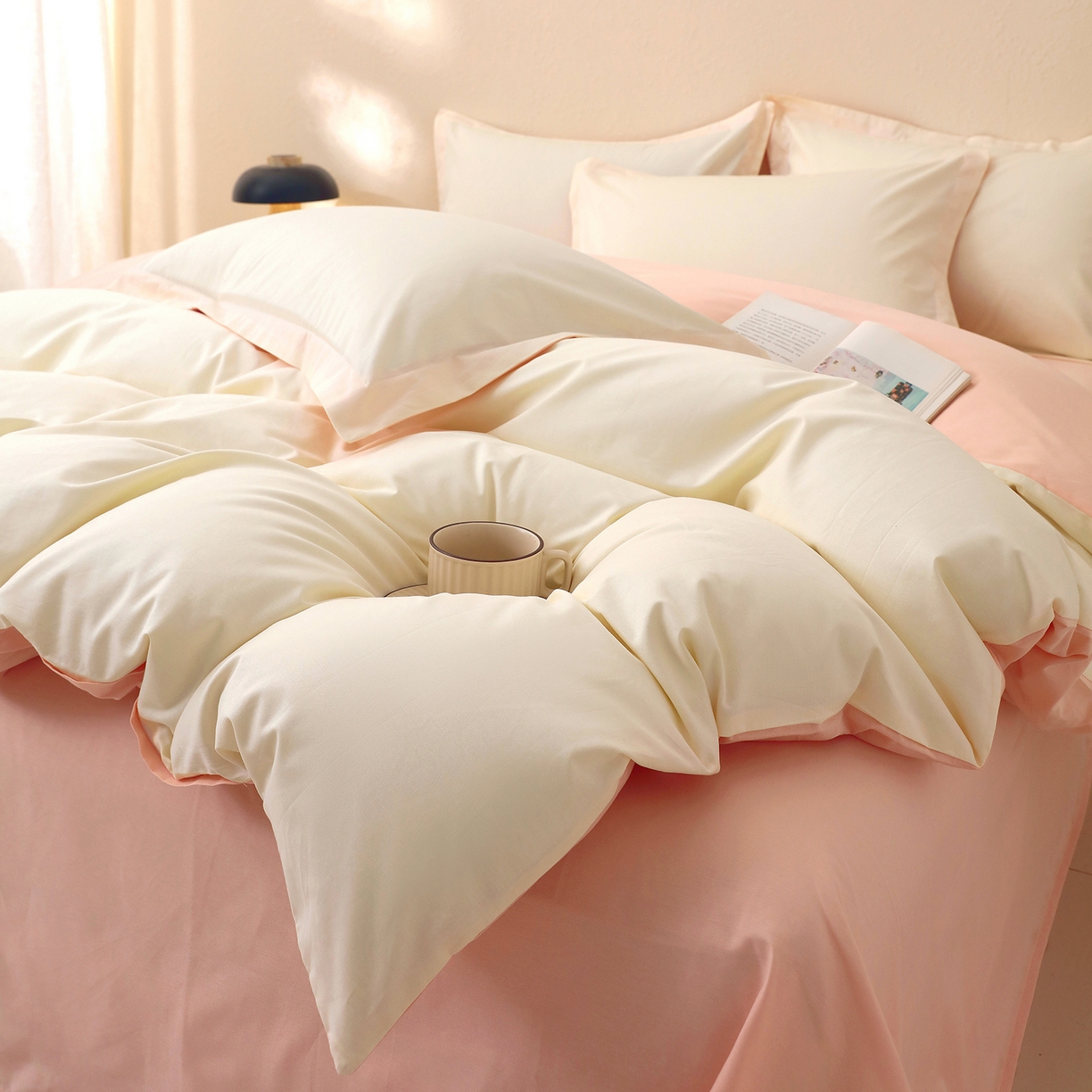 91家纺网 家纺一手货源 找家纺 小懒猪 2026新款13372A类双拼纯色全棉纯棉四件套 奶昔白-白桃粉