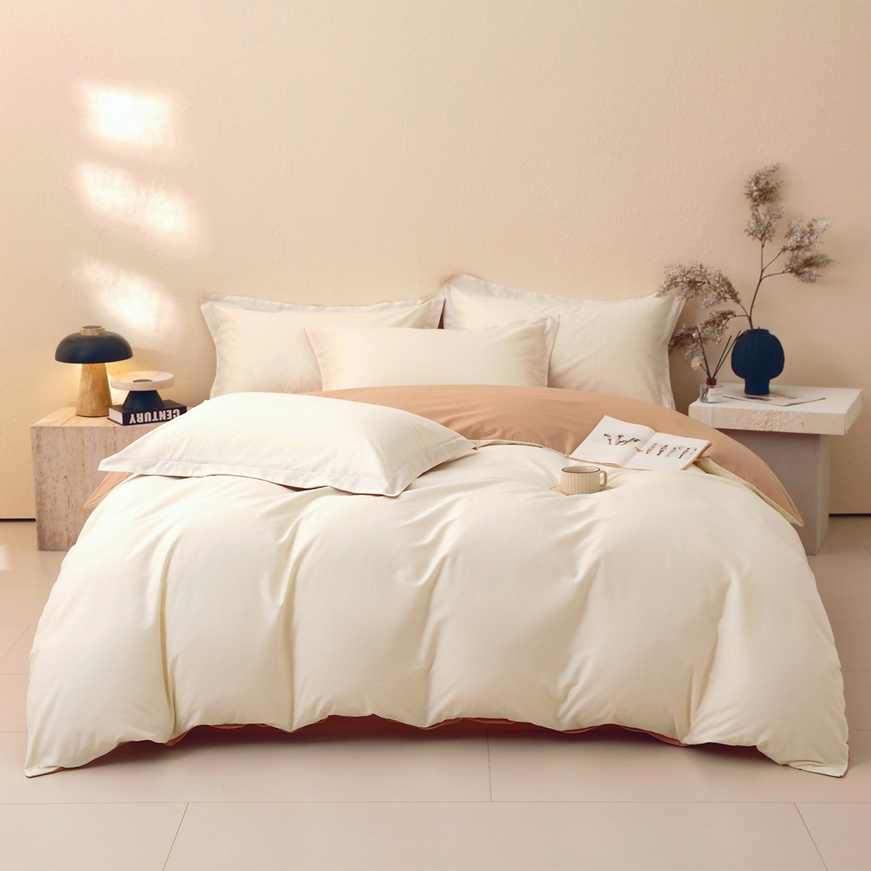 91家纺网 家纺一手货源 找家纺 小懒猪 2026新款13372A类双拼纯色全棉纯棉四件套 奶昔白-茶棕