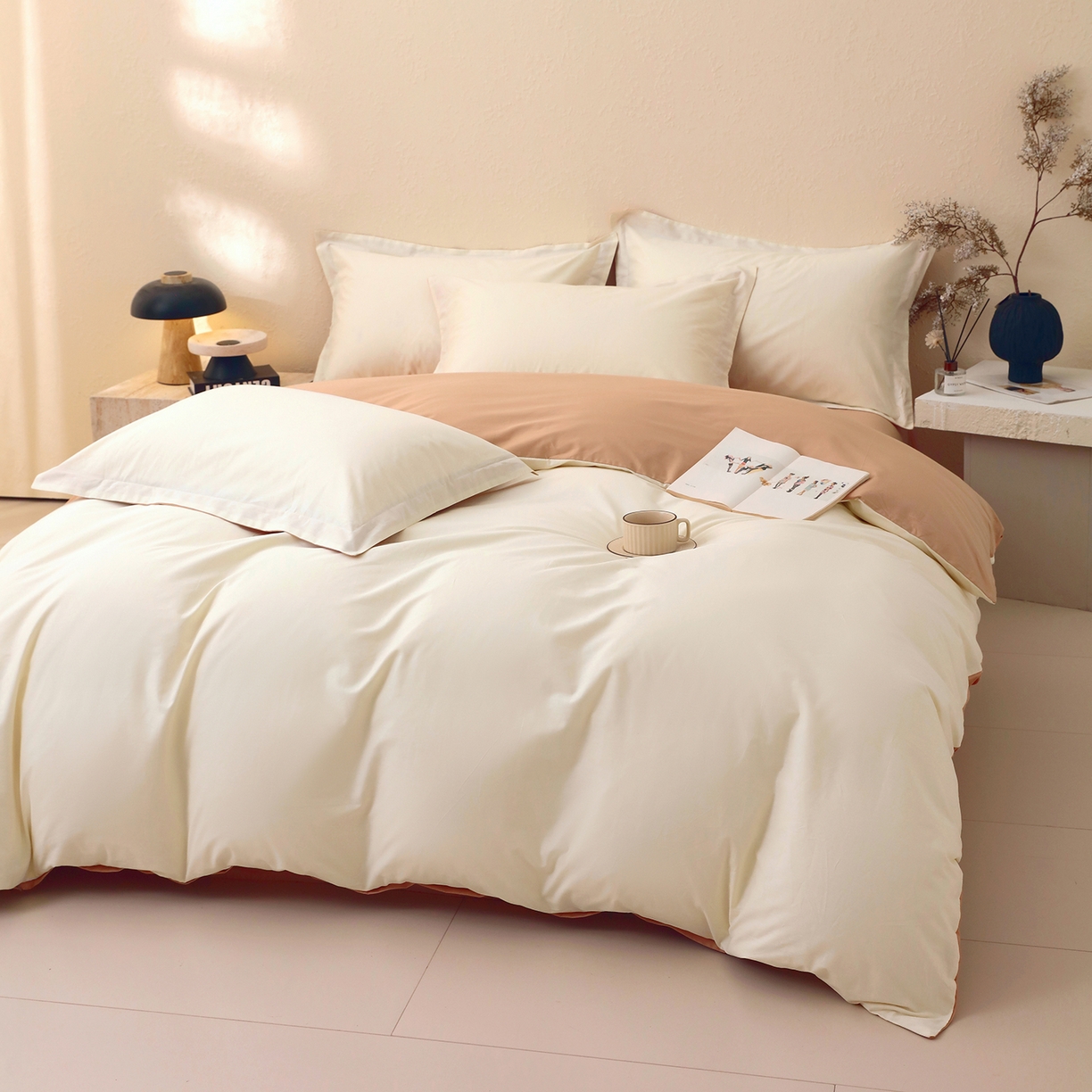 91家纺网 家纺一手货源 找家纺 小懒猪 2026新款13372A类双拼纯色全棉纯棉四件套 奶昔白-茶棕