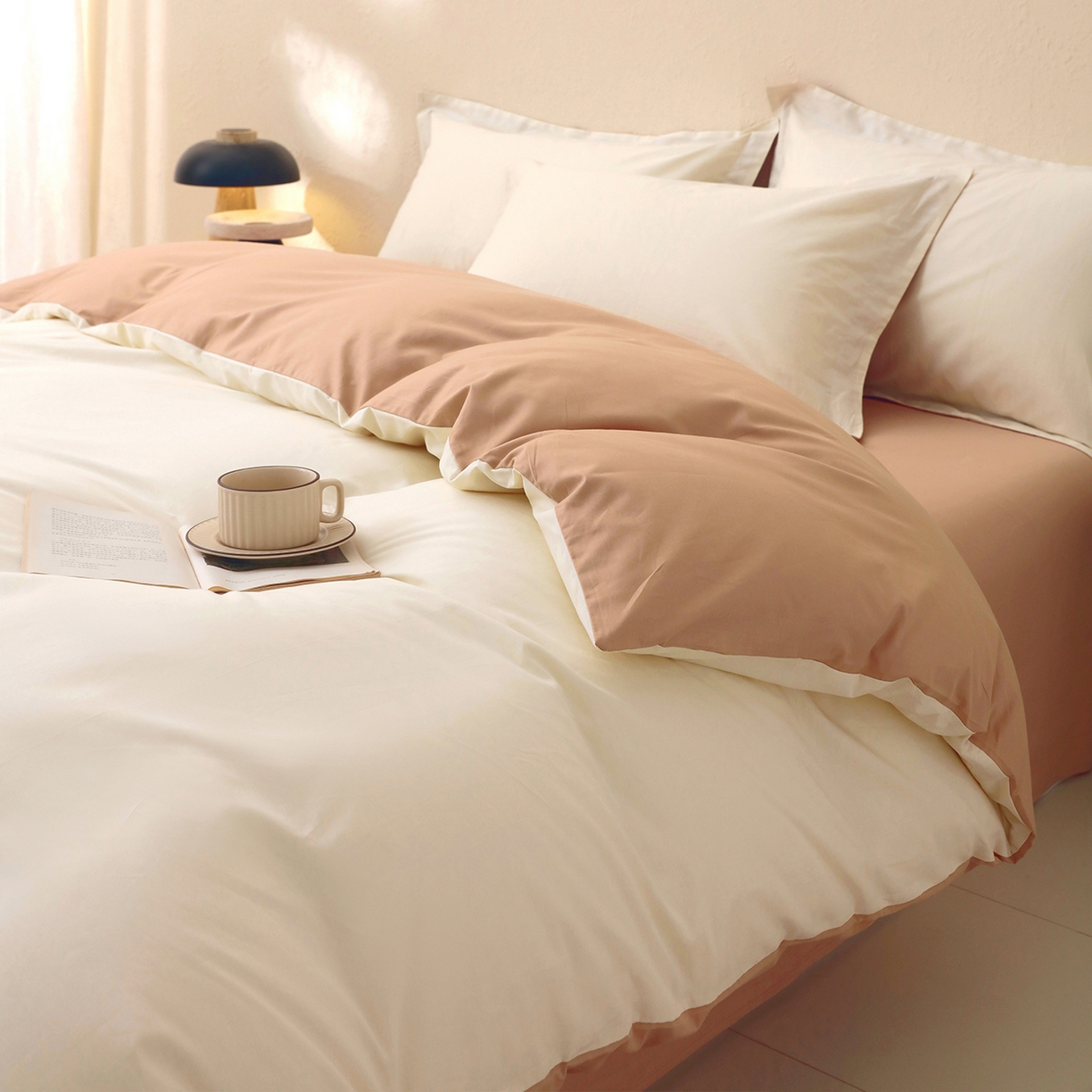 91家纺网 家纺一手货源 找家纺 小懒猪 2026新款13372A类双拼纯色全棉纯棉四件套 奶昔白-茶棕