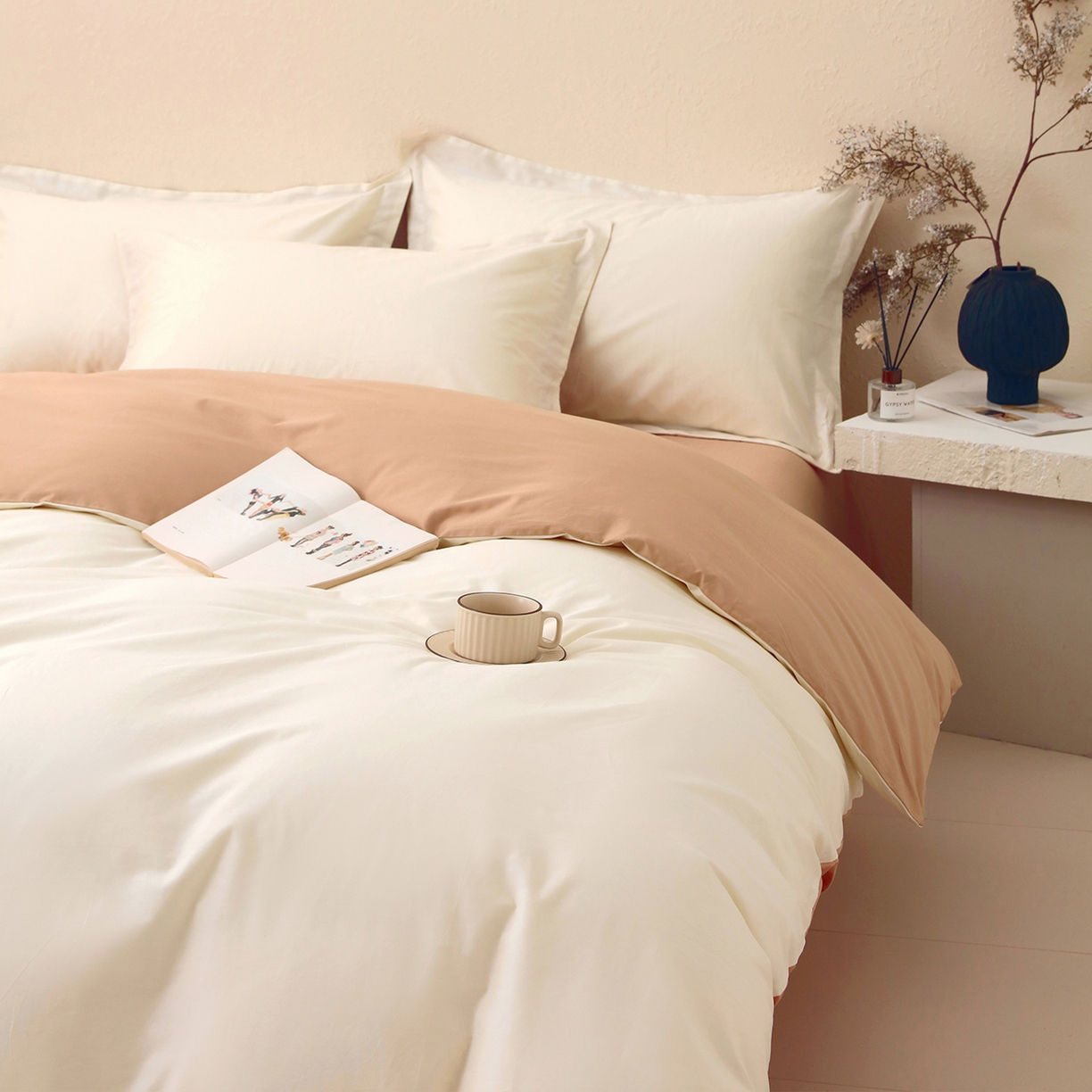 91家纺网 家纺一手货源 找家纺 小懒猪 2026新款13372A类双拼纯色全棉纯棉四件套 奶昔白-茶棕