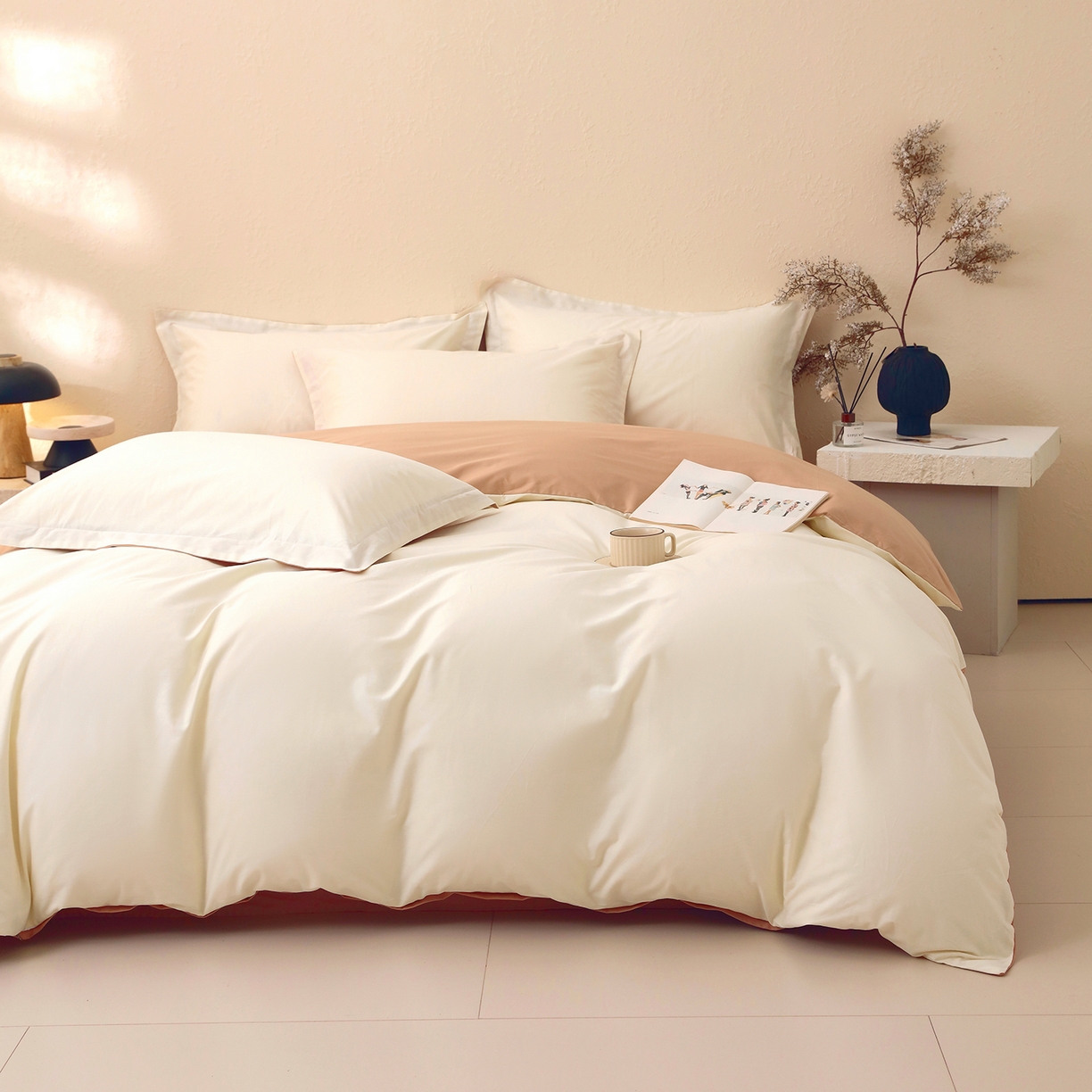 91家纺网 家纺一手货源 找家纺 小懒猪 2026新款13372A类双拼纯色全棉纯棉四件套 奶昔白-茶棕