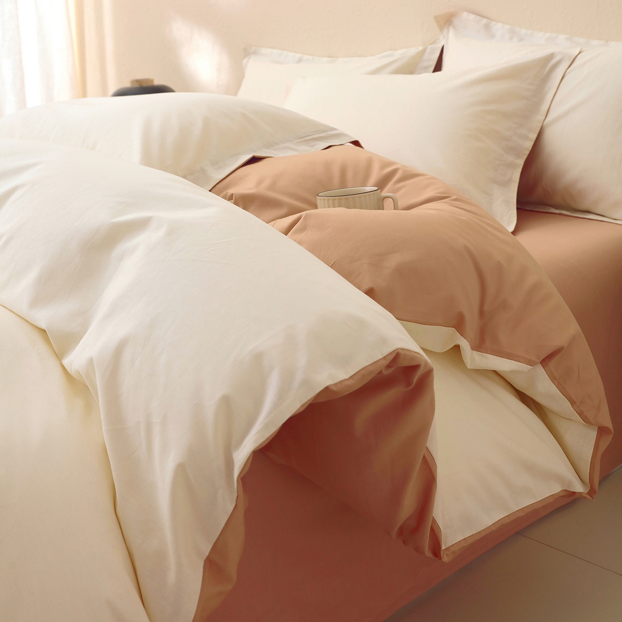 91家纺网 家纺一手货源 找家纺 小懒猪 2026新款13372A类双拼纯色全棉纯棉四件套 奶昔白-茶棕