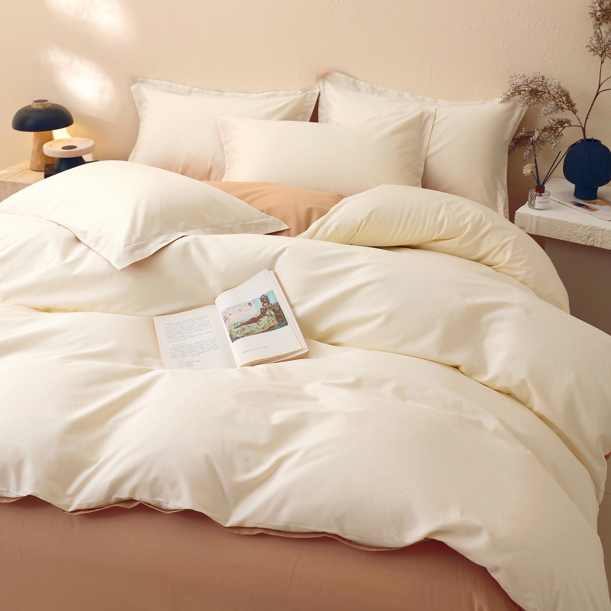 91家纺网 家纺一手货源 找家纺 小懒猪 2026新款13372A类双拼纯色全棉纯棉四件套 奶昔白-茶棕