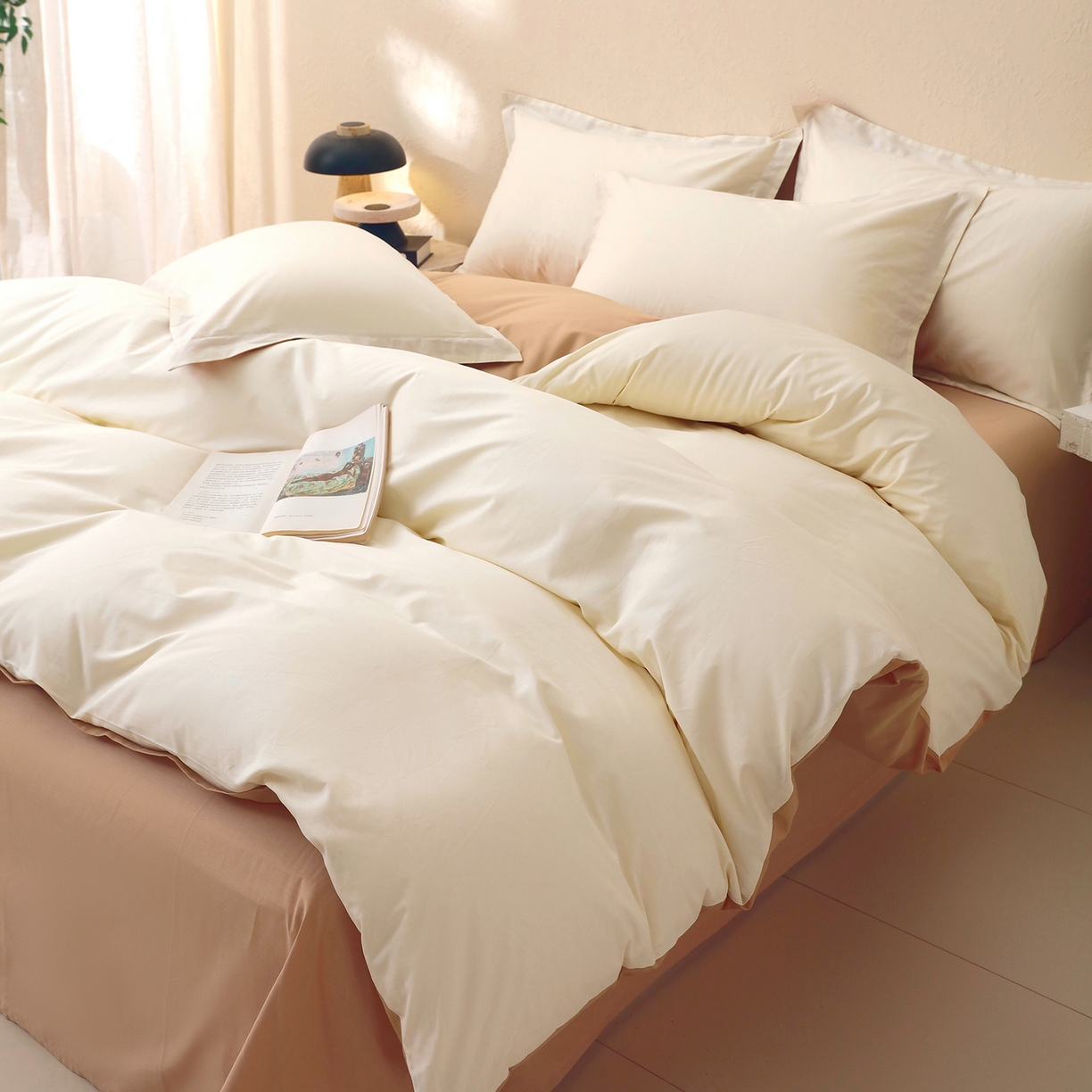 91家纺网 家纺一手货源 找家纺 小懒猪 2026新款13372A类双拼纯色全棉纯棉四件套 奶昔白-茶棕