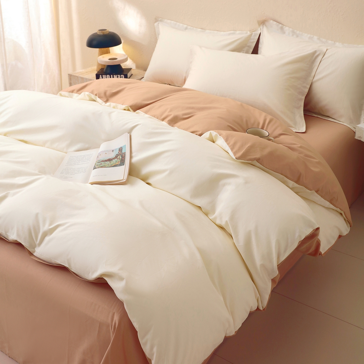 91家纺网 家纺一手货源 找家纺 小懒猪 2026新款13372A类双拼纯色全棉纯棉四件套 奶昔白-茶棕