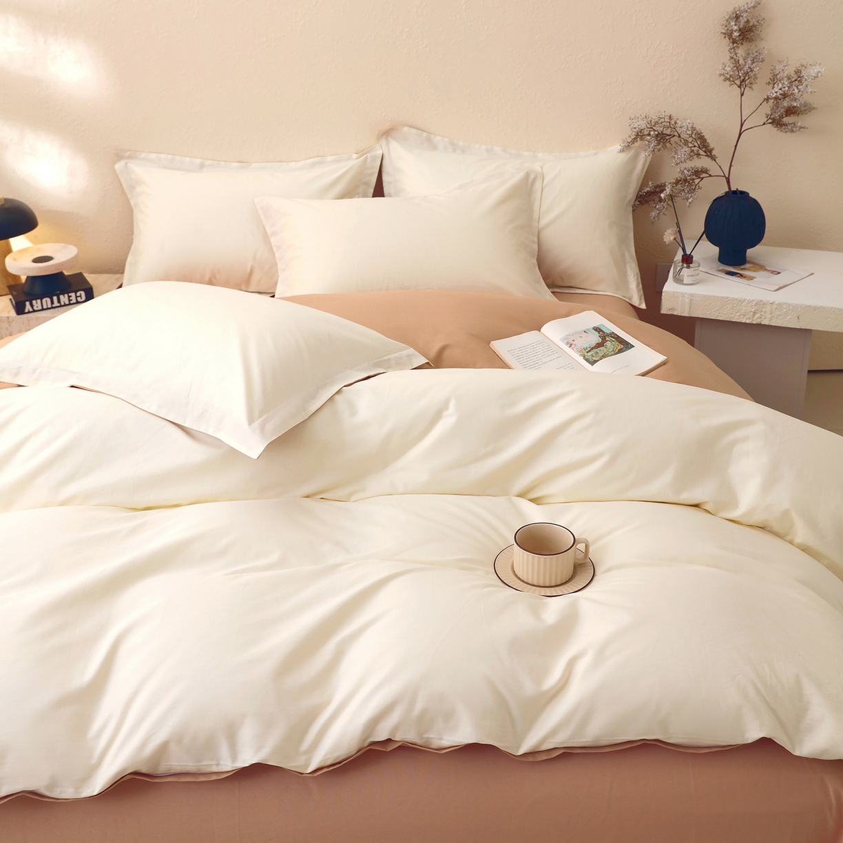 91家纺网 家纺一手货源 找家纺 小懒猪 2026新款13372A类双拼纯色全棉纯棉四件套 奶昔白-茶棕