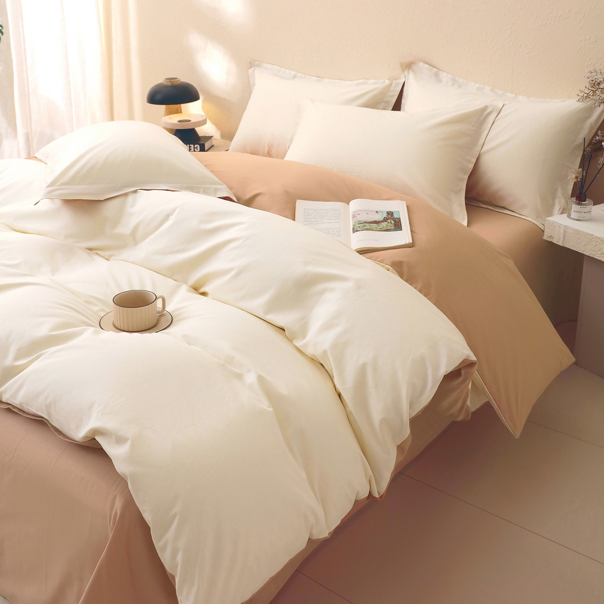 91家纺网 家纺一手货源 找家纺 小懒猪 2026新款13372A类双拼纯色全棉纯棉四件套 奶昔白-茶棕