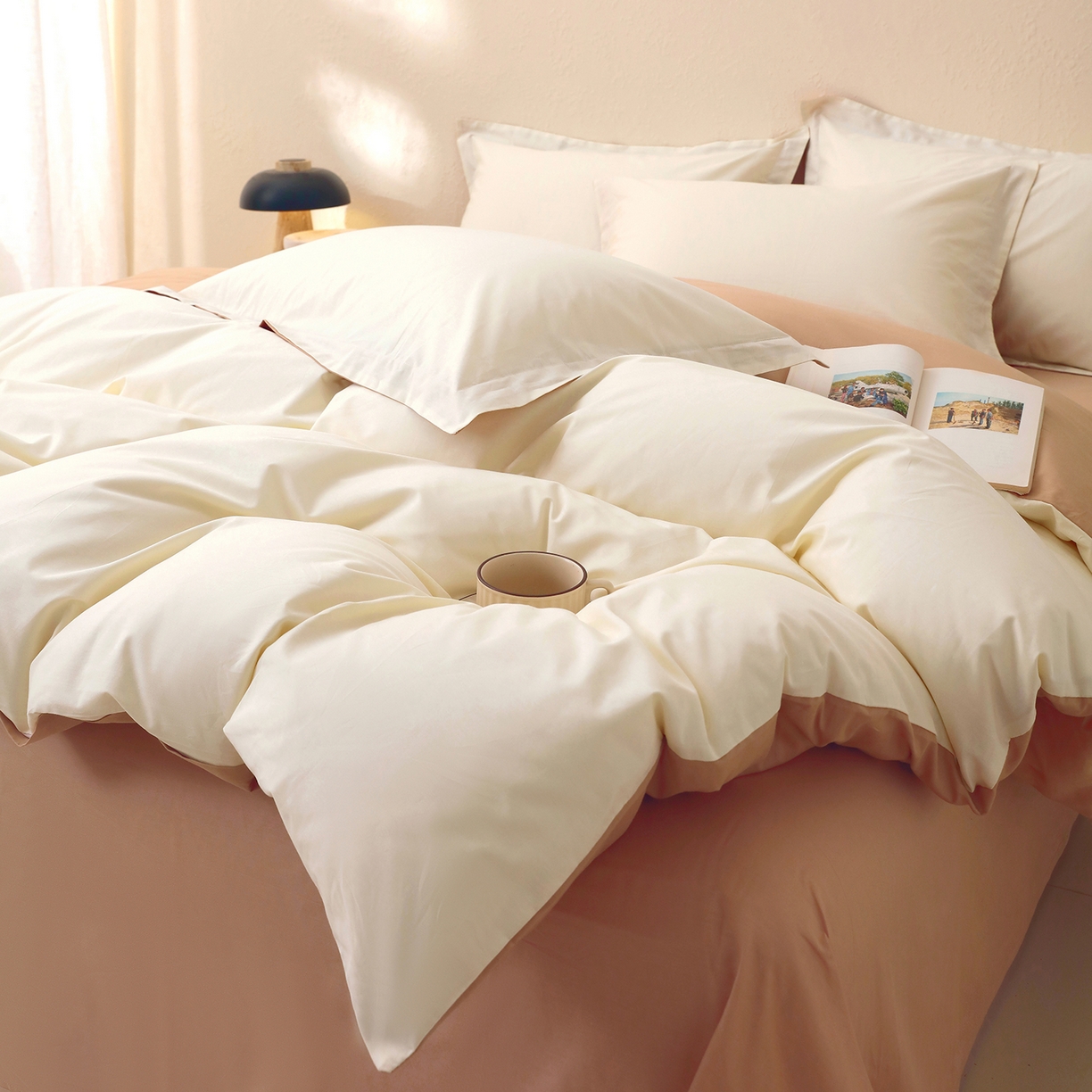 91家纺网 家纺一手货源 找家纺 小懒猪 2026新款13372A类双拼纯色全棉纯棉四件套 奶昔白-茶棕