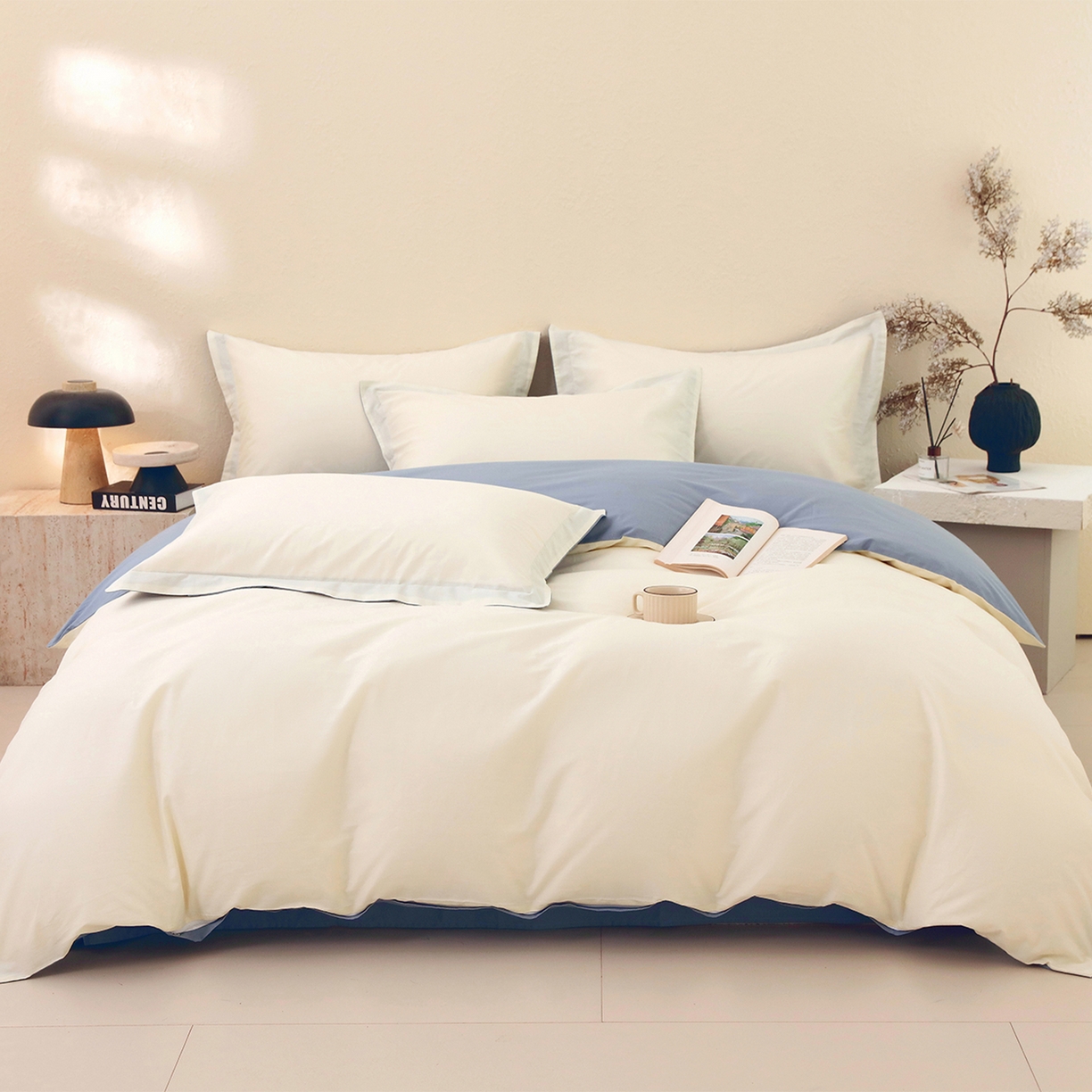 91家纺网 家纺一手货源 找家纺 小懒猪 2026新款13372A类双拼纯色全棉纯棉四件套 奶昔白-莱茵蓝