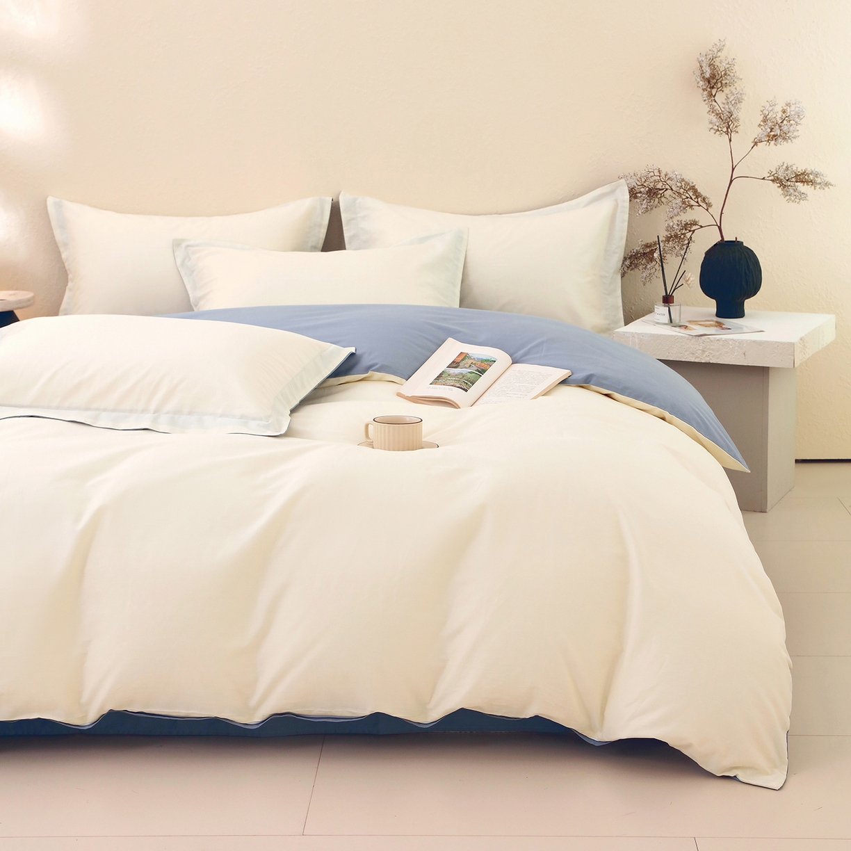 91家纺网 家纺一手货源 找家纺 小懒猪 2026新款13372A类双拼纯色全棉纯棉四件套 奶昔白-莱茵蓝