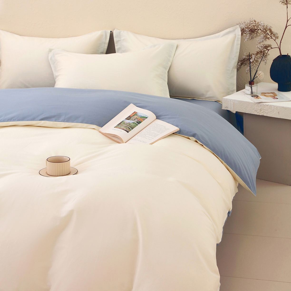 91家纺网 家纺一手货源 找家纺 小懒猪 2026新款13372A类双拼纯色全棉纯棉四件套 奶昔白-莱茵蓝