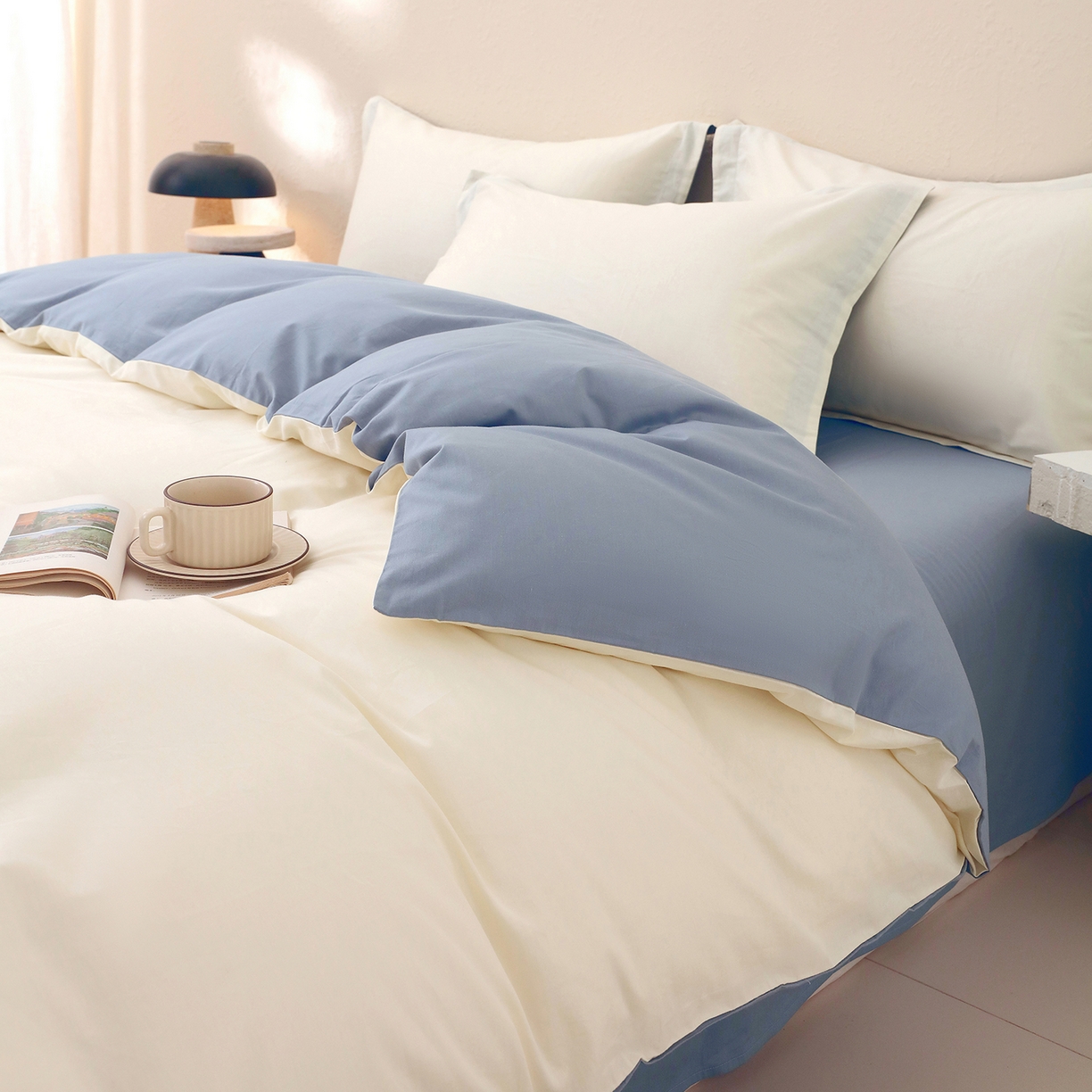 91家纺网 家纺一手货源 找家纺 小懒猪 2026新款13372A类双拼纯色全棉纯棉四件套 奶昔白-莱茵蓝