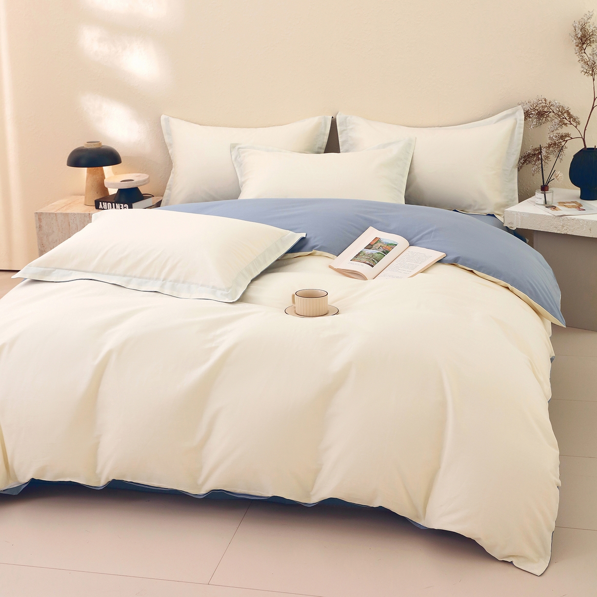 91家纺网 家纺一手货源 找家纺 小懒猪 2026新款13372A类双拼纯色全棉纯棉四件套 奶昔白-莱茵蓝