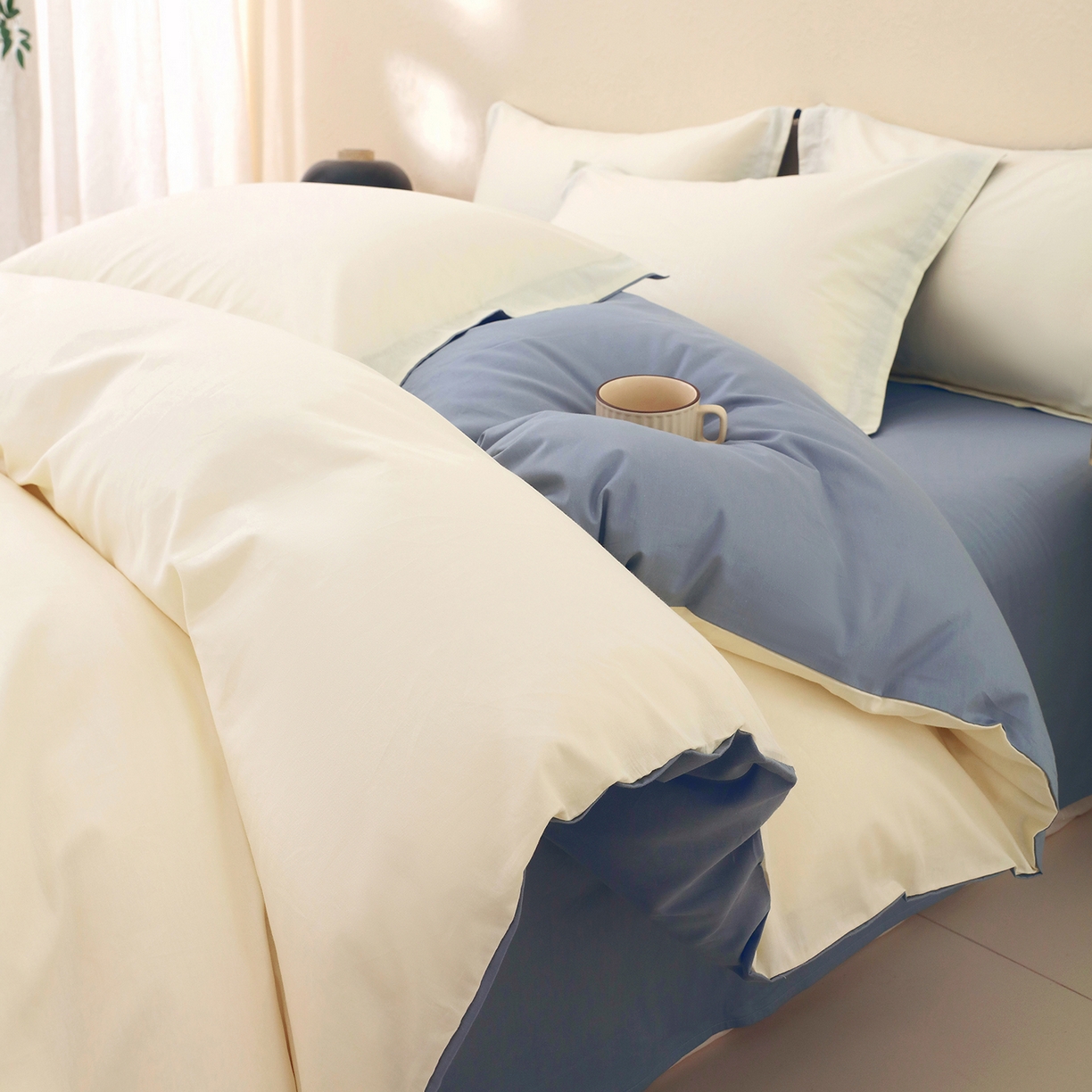 91家纺网 家纺一手货源 找家纺 小懒猪 2026新款13372A类双拼纯色全棉纯棉四件套 奶昔白-莱茵蓝