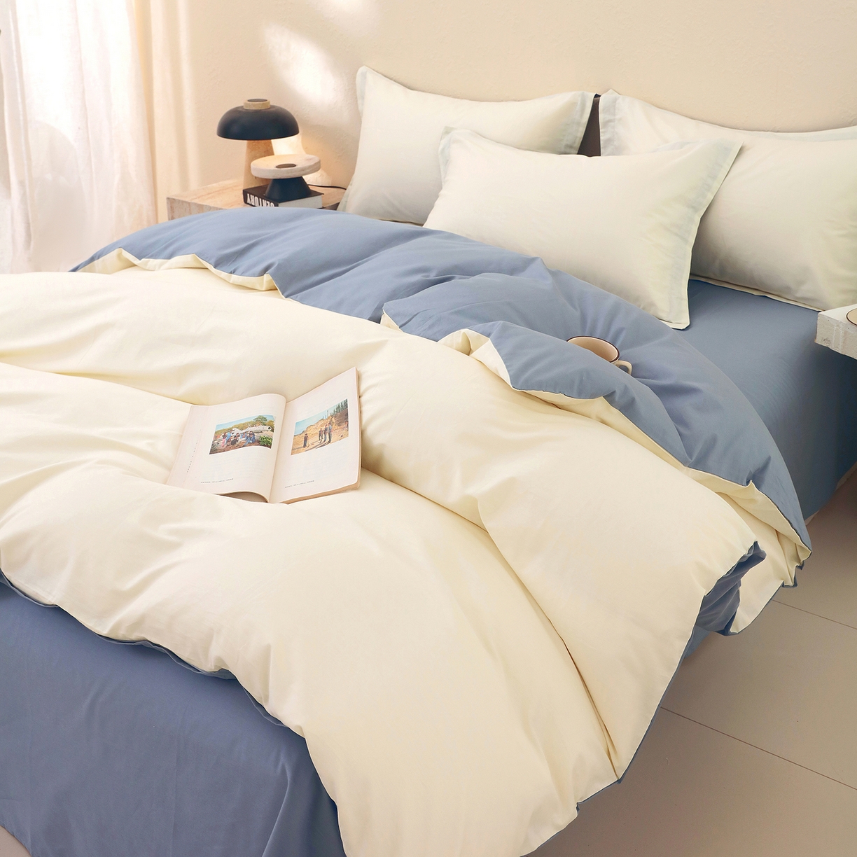 91家纺网 家纺一手货源 找家纺 小懒猪 2026新款13372A类双拼纯色全棉纯棉四件套 奶昔白-莱茵蓝