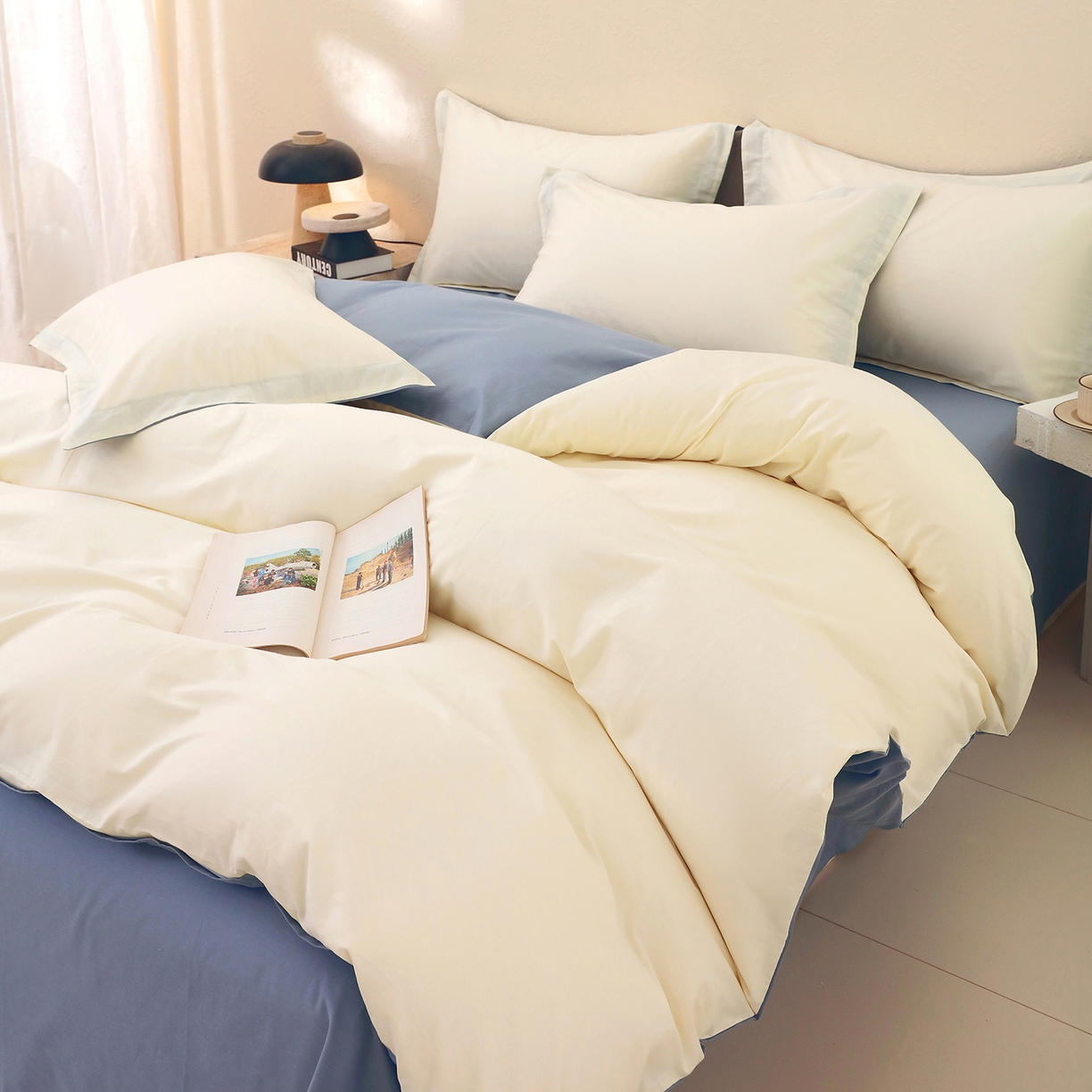 91家纺网 家纺一手货源 找家纺 小懒猪 2026新款13372A类双拼纯色全棉纯棉四件套 奶昔白-莱茵蓝