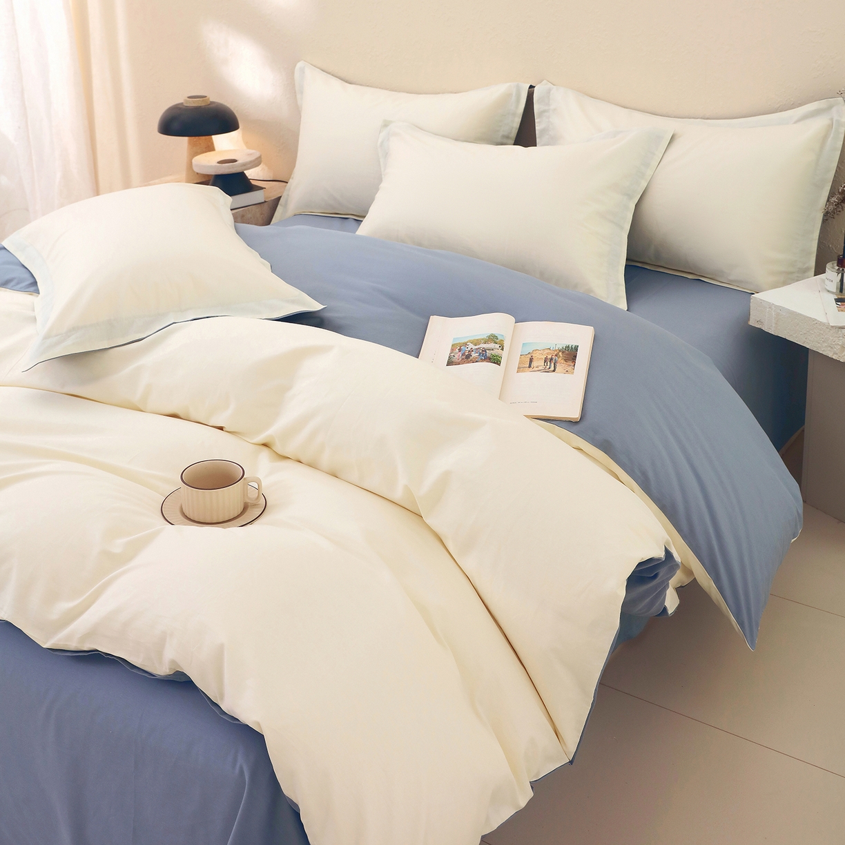 91家纺网 家纺一手货源 找家纺 小懒猪 2026新款13372A类双拼纯色全棉纯棉四件套 奶昔白-莱茵蓝