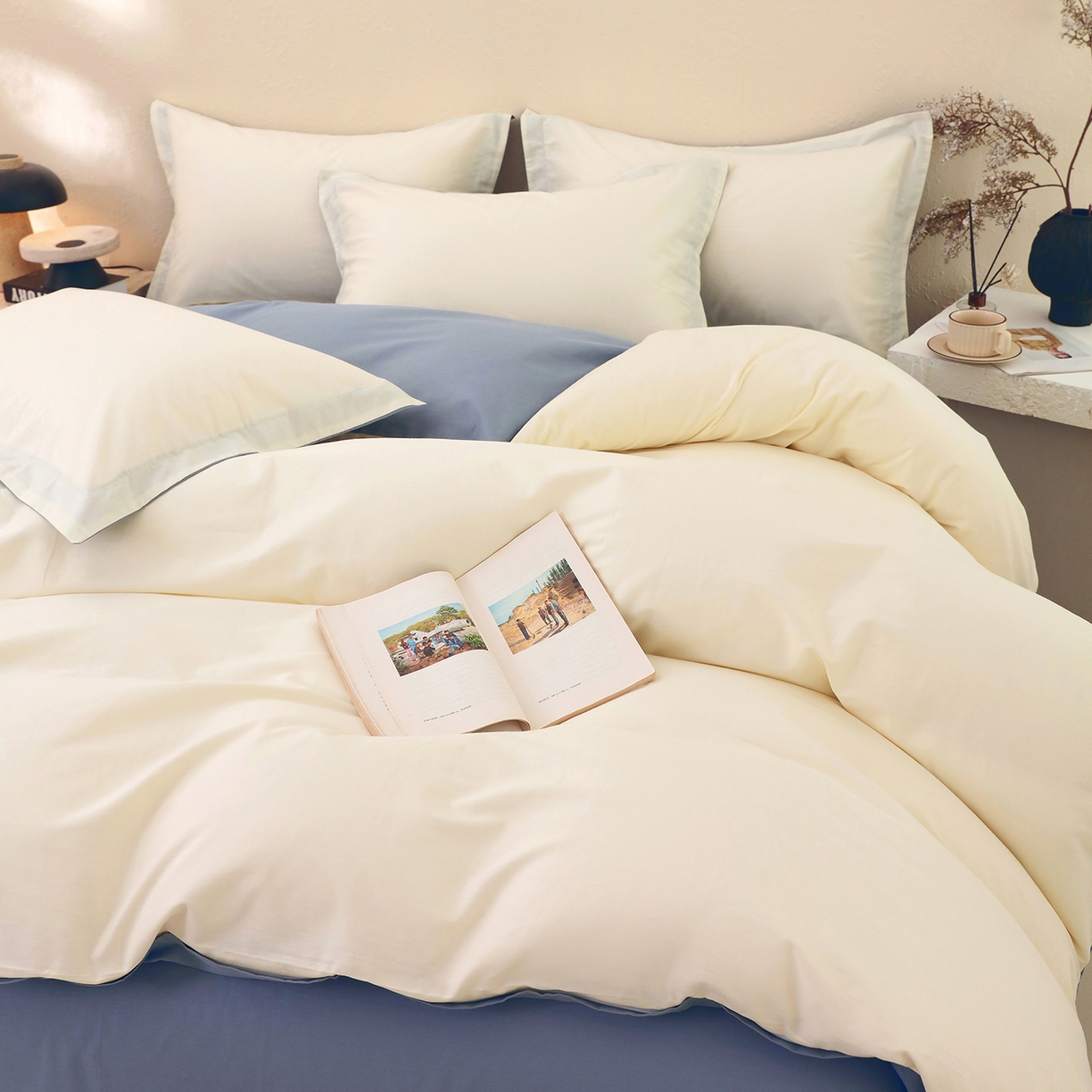 91家纺网 家纺一手货源 找家纺 小懒猪 2026新款13372A类双拼纯色全棉纯棉四件套 奶昔白-莱茵蓝