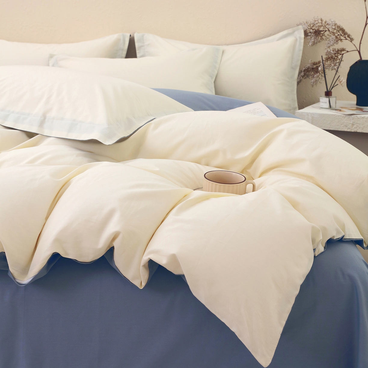 91家纺网 家纺一手货源 找家纺 小懒猪 2026新款13372A类双拼纯色全棉纯棉四件套 奶昔白-莱茵蓝