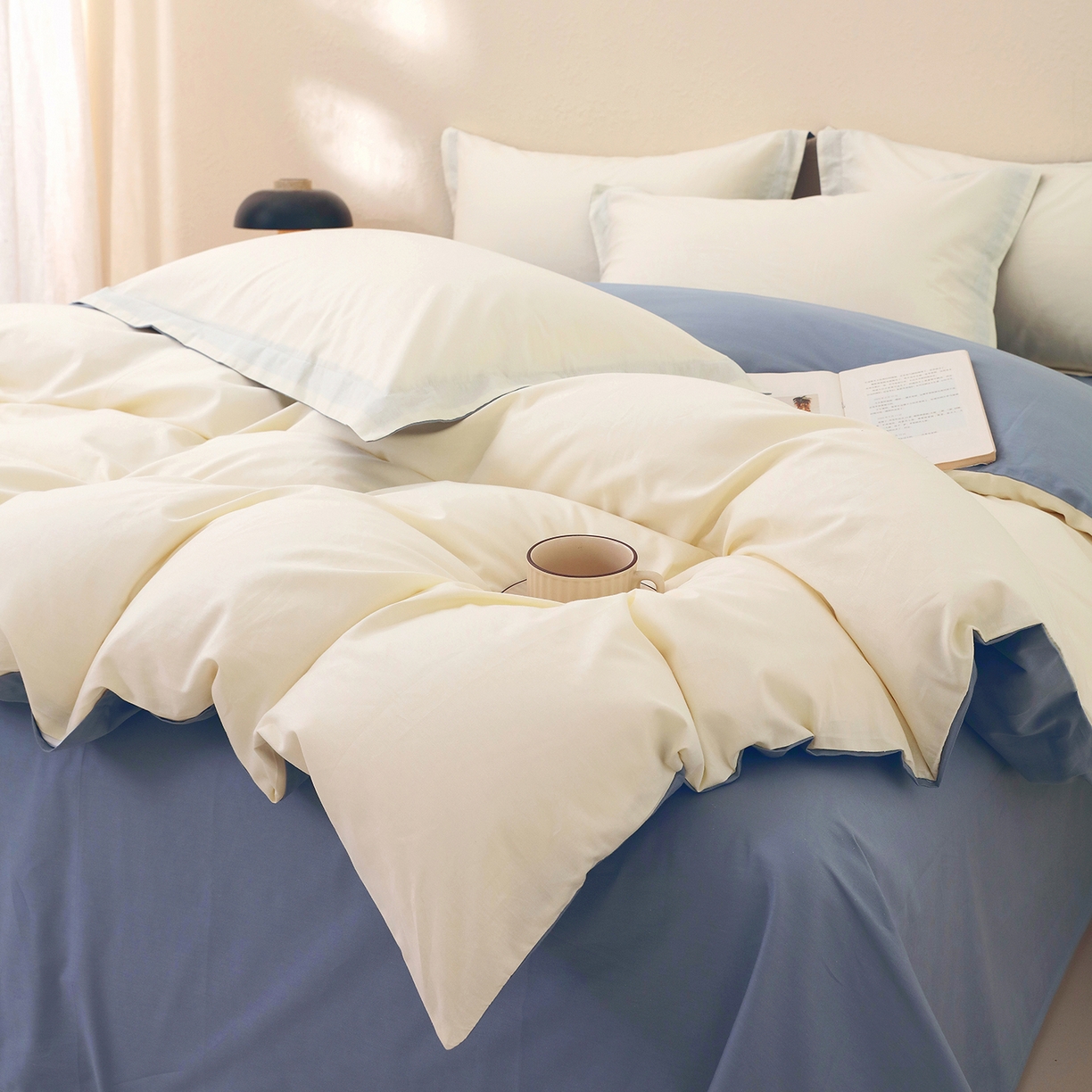 91家纺网 家纺一手货源 找家纺 小懒猪 2026新款13372A类双拼纯色全棉纯棉四件套 奶昔白-莱茵蓝