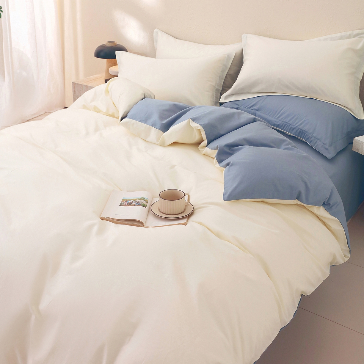 91家纺网 家纺一手货源 找家纺 小懒猪 2026新款13372A类双拼纯色全棉纯棉四件套 奶昔白-莱茵蓝