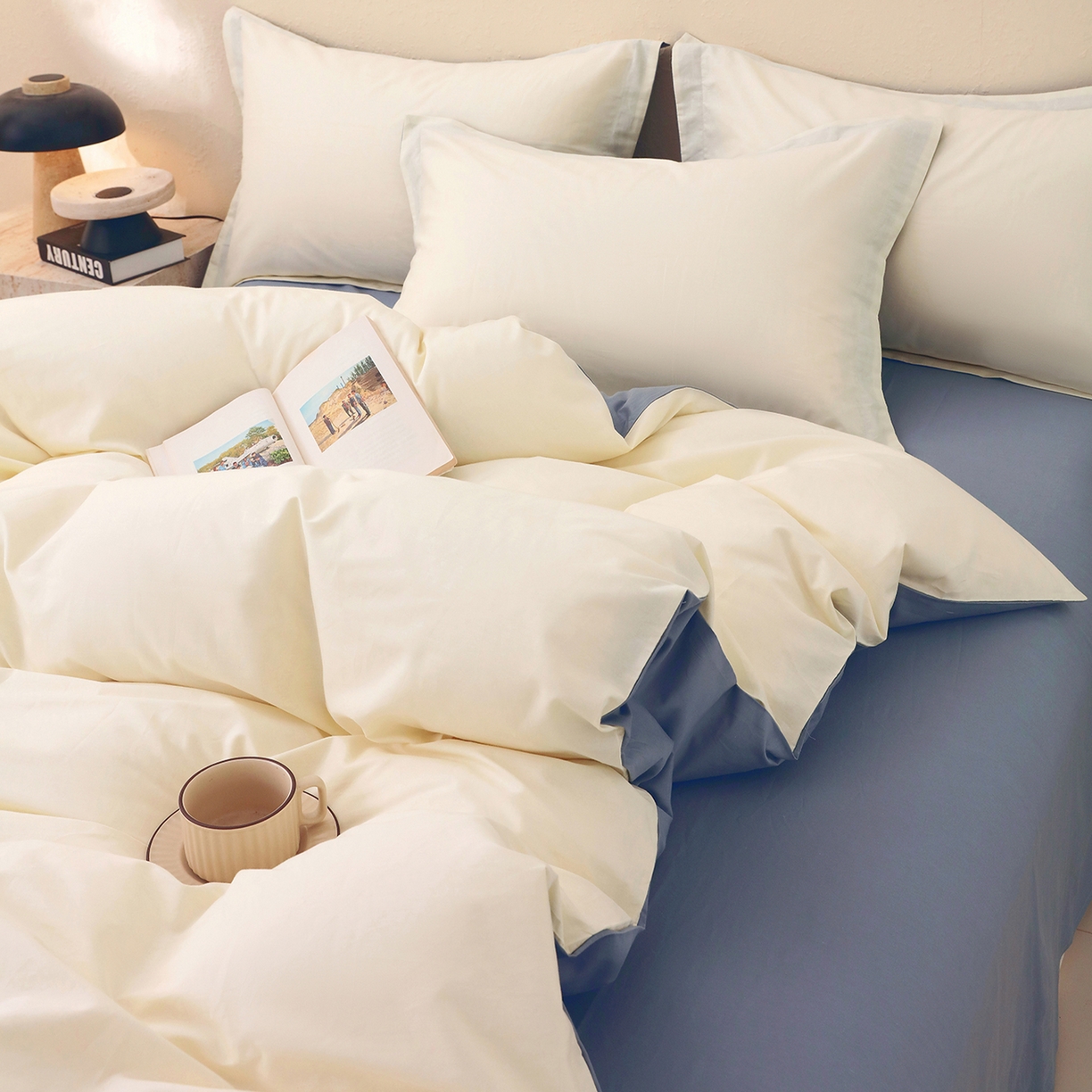 91家纺网 家纺一手货源 找家纺 小懒猪 2026新款13372A类双拼纯色全棉纯棉四件套 奶昔白-莱茵蓝