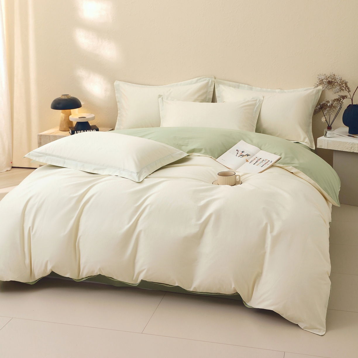 91家纺网 家纺一手货源 找家纺 小懒猪 2026新款13372A类双拼纯色全棉纯棉四件套 奶昔白-清风绿