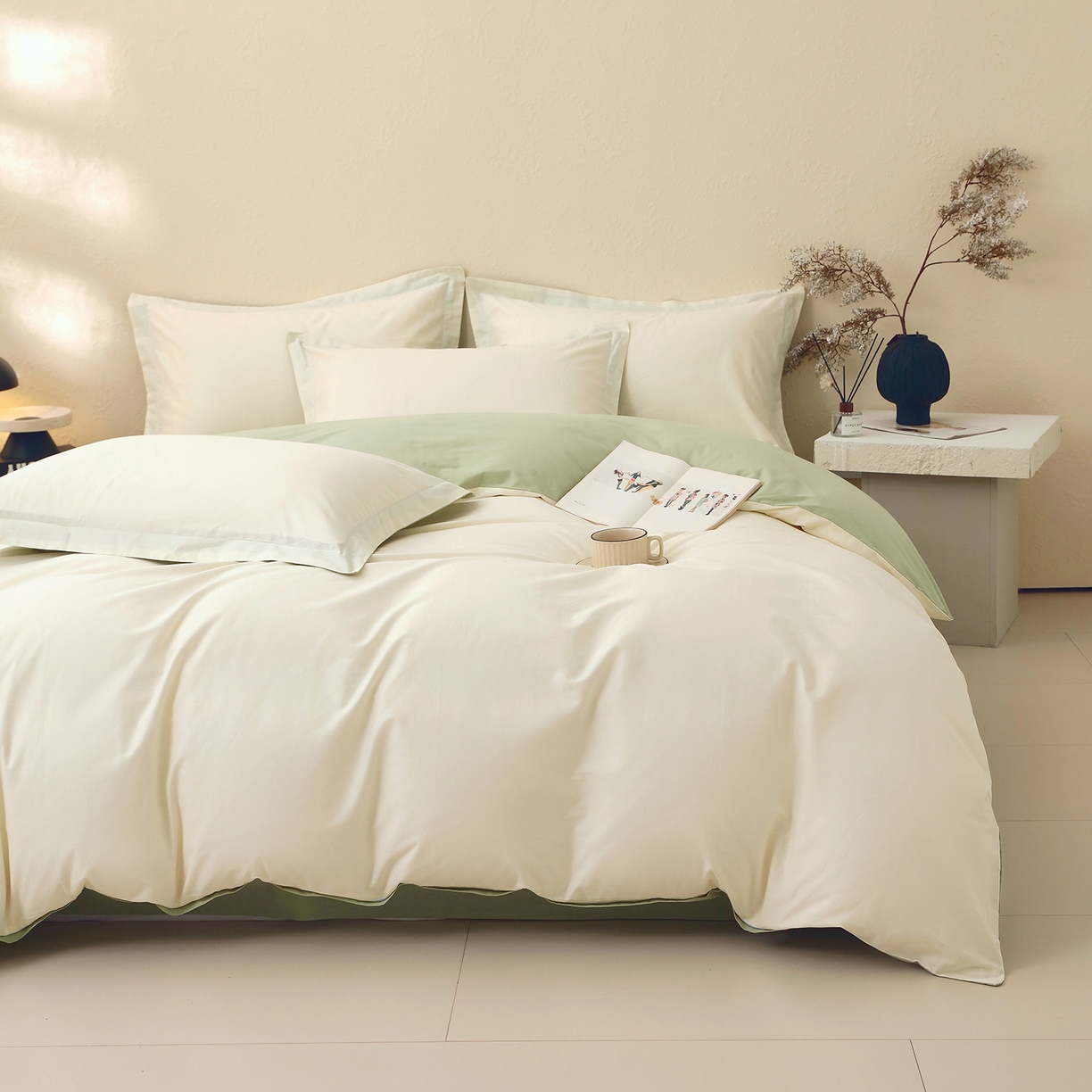 91家纺网 家纺一手货源 找家纺 小懒猪 2026新款13372A类双拼纯色全棉纯棉四件套 奶昔白-清风绿