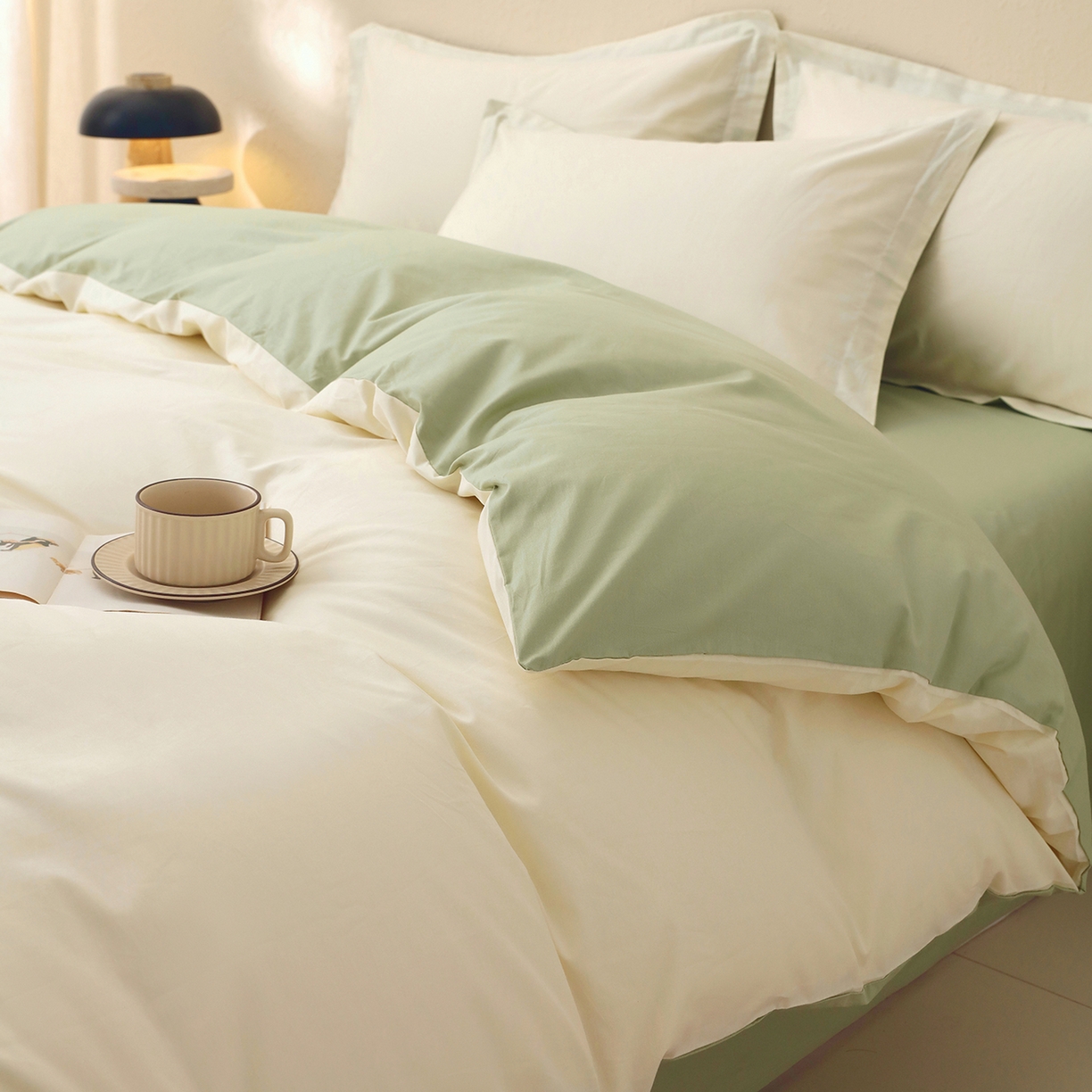 91家纺网 家纺一手货源 找家纺 小懒猪 2026新款13372A类双拼纯色全棉纯棉四件套 奶昔白-清风绿