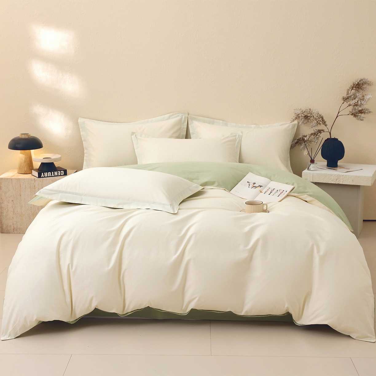 91家纺网 家纺一手货源 找家纺 小懒猪 2026新款13372A类双拼纯色全棉纯棉四件套 奶昔白-清风绿