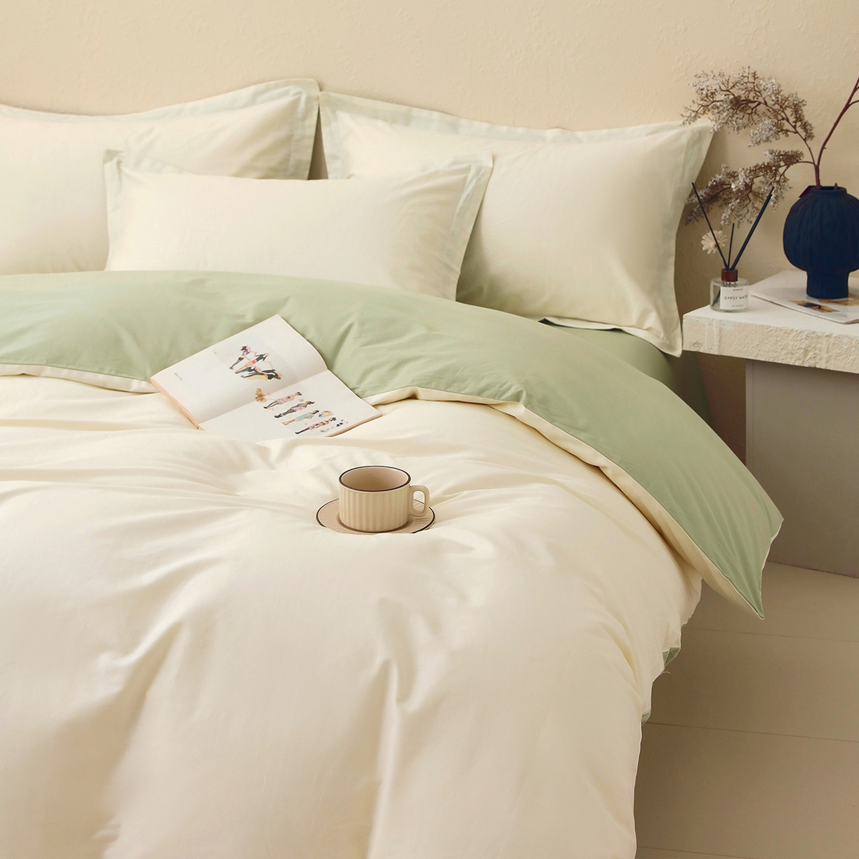 91家纺网 家纺一手货源 找家纺 小懒猪 2026新款13372A类双拼纯色全棉纯棉四件套 奶昔白-清风绿