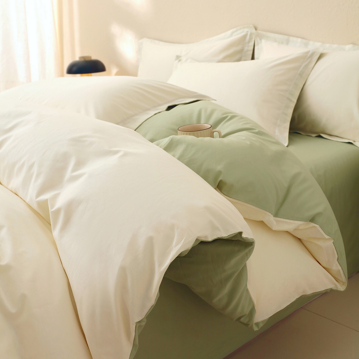 91家纺网 家纺一手货源 找家纺 小懒猪 2026新款13372A类双拼纯色全棉纯棉四件套 奶昔白-清风绿