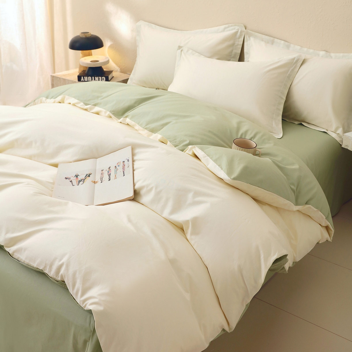 91家纺网 家纺一手货源 找家纺 小懒猪 2026新款13372A类双拼纯色全棉纯棉四件套 奶昔白-清风绿