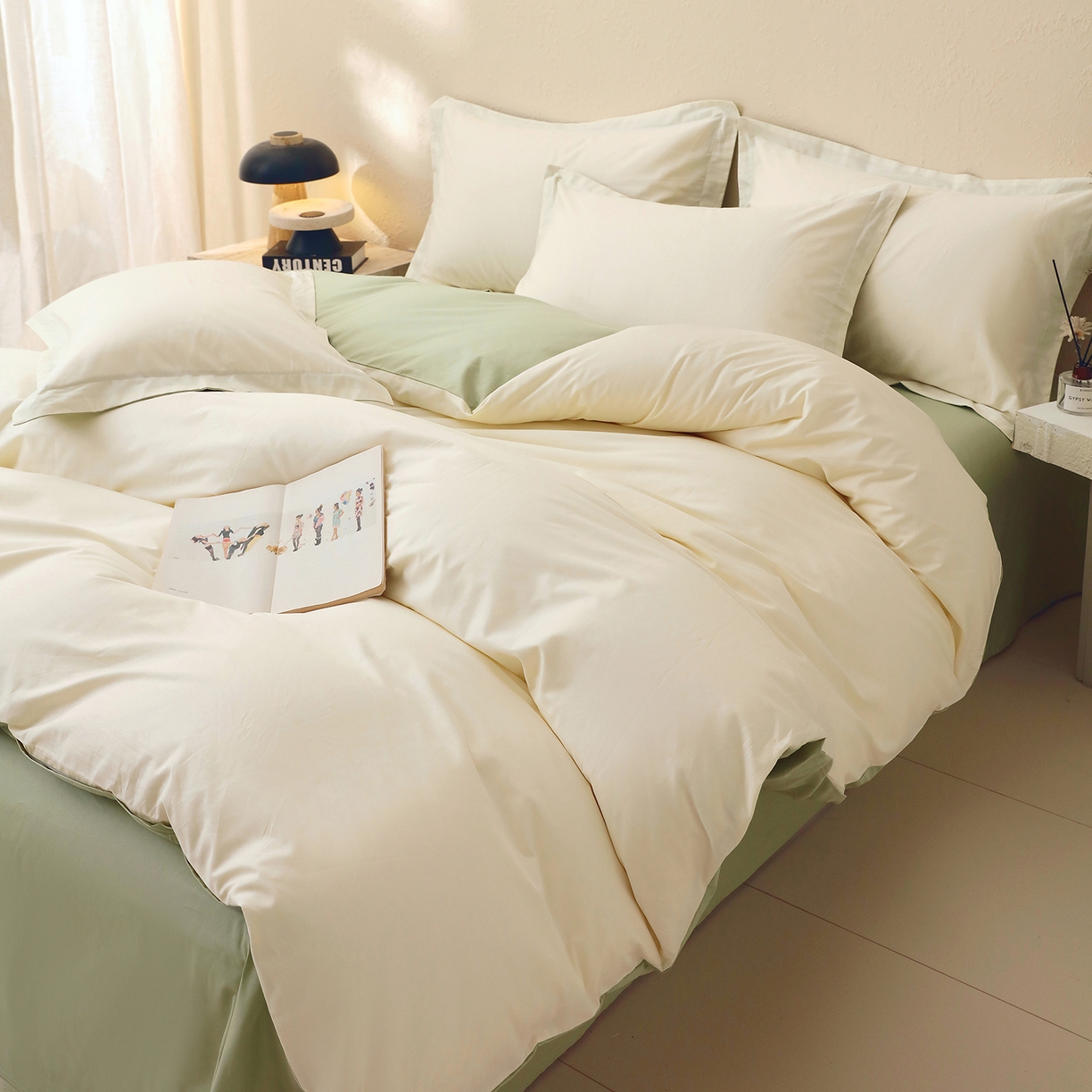 91家纺网 家纺一手货源 找家纺 小懒猪 2026新款13372A类双拼纯色全棉纯棉四件套 奶昔白-清风绿