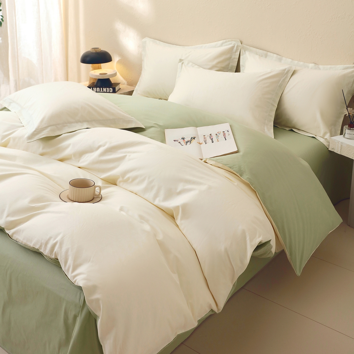 91家纺网 家纺一手货源 找家纺 小懒猪 2026新款13372A类双拼纯色全棉纯棉四件套 奶昔白-清风绿