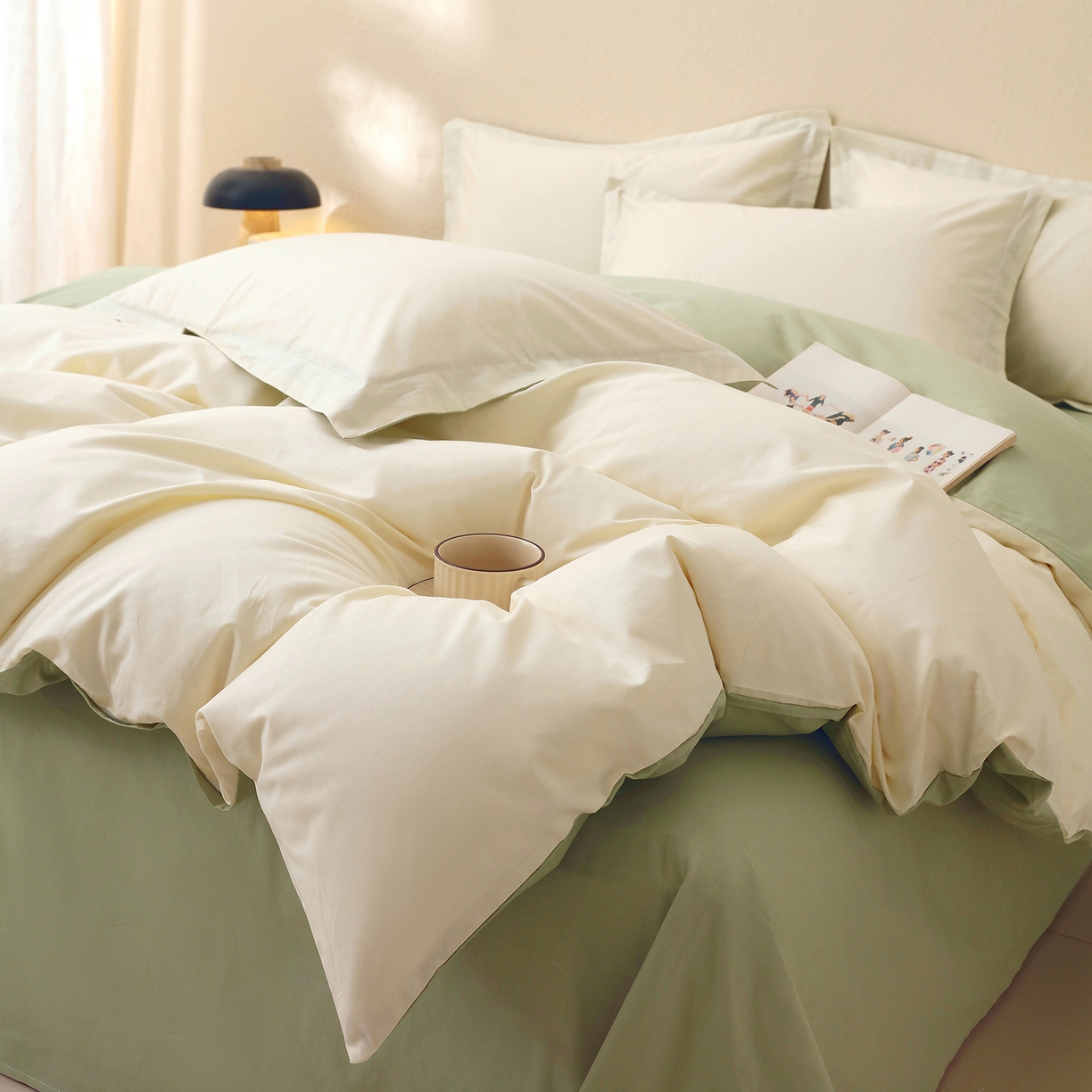 91家纺网 家纺一手货源 找家纺 小懒猪 2026新款13372A类双拼纯色全棉纯棉四件套 奶昔白-清风绿