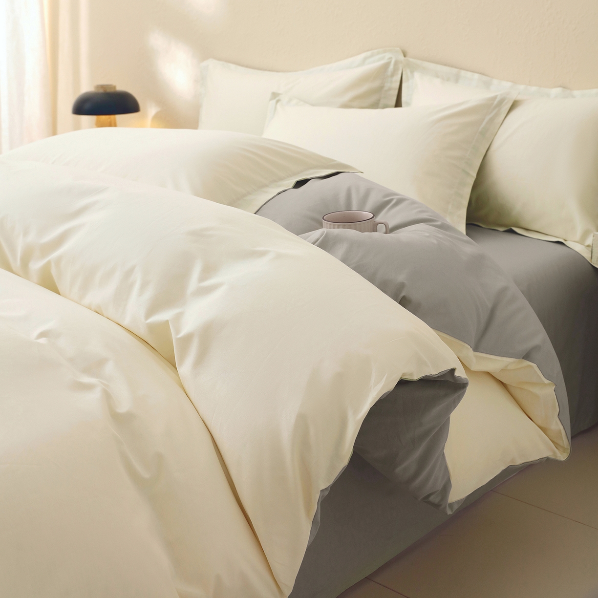 小懒猪 2026新款13372A类双拼纯色全棉纯棉四件套 奶昔白-椰子灰