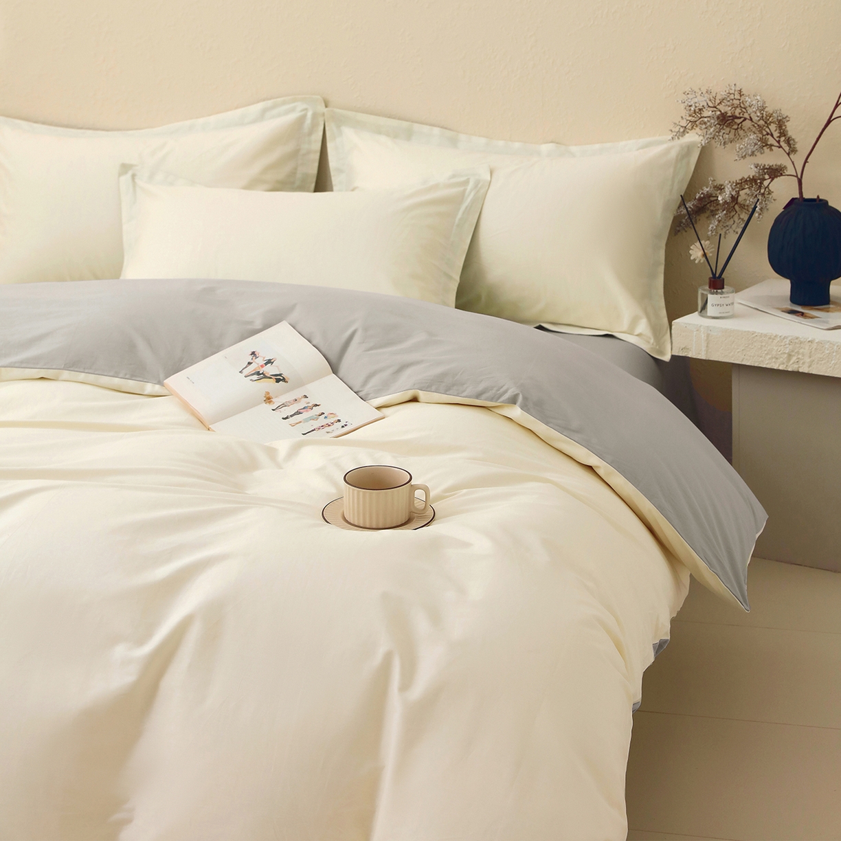 91家纺网 家纺一手货源 找家纺 小懒猪 2026新款13372A类双拼纯色全棉纯棉四件套 奶昔白-椰子灰