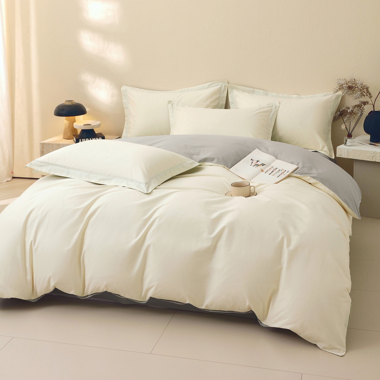 91家纺网 家纺一手货源 找家纺 小懒猪 2026新款13372A类双拼纯色全棉纯棉四件套 奶昔白-椰子灰