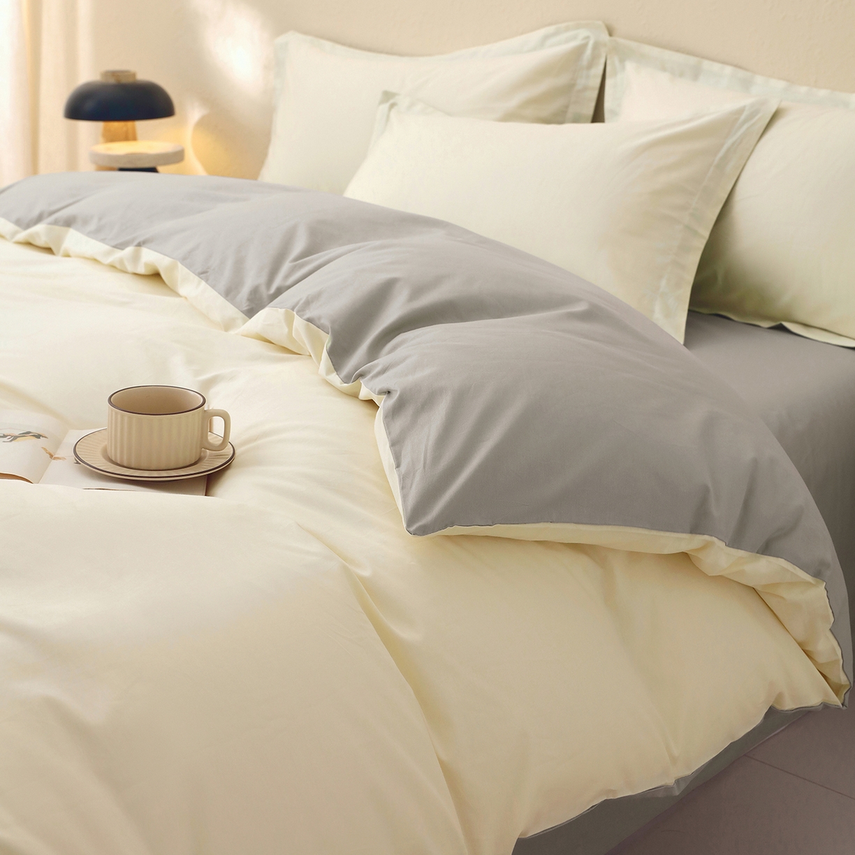 91家纺网 家纺一手货源 找家纺 小懒猪 2026新款13372A类双拼纯色全棉纯棉四件套 奶昔白-椰子灰