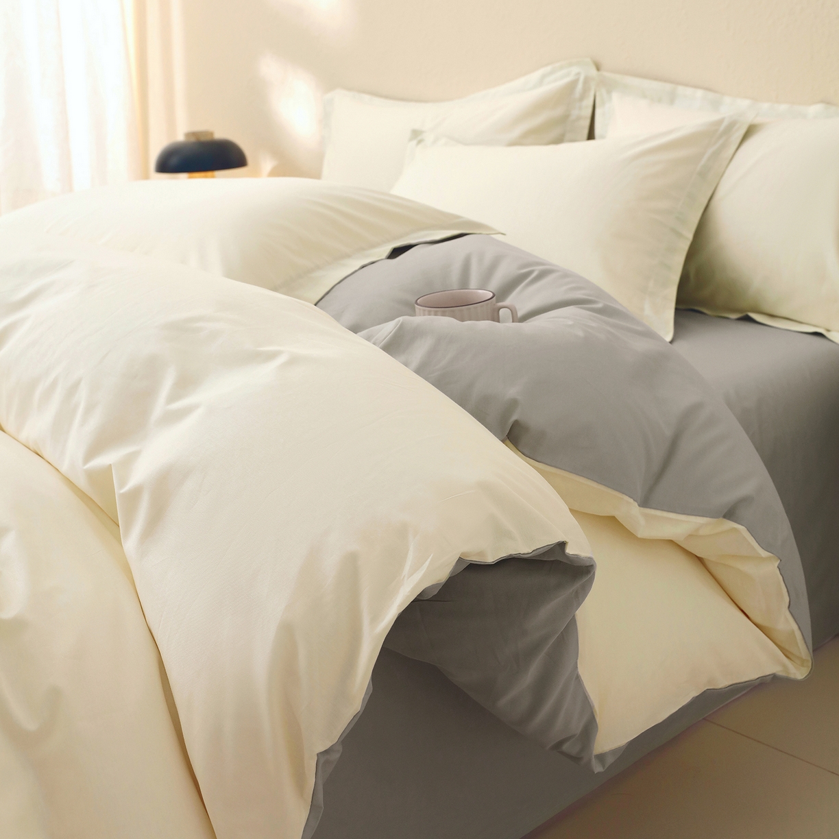 91家纺网 家纺一手货源 找家纺 小懒猪 2026新款13372A类双拼纯色全棉纯棉四件套 奶昔白-椰子灰